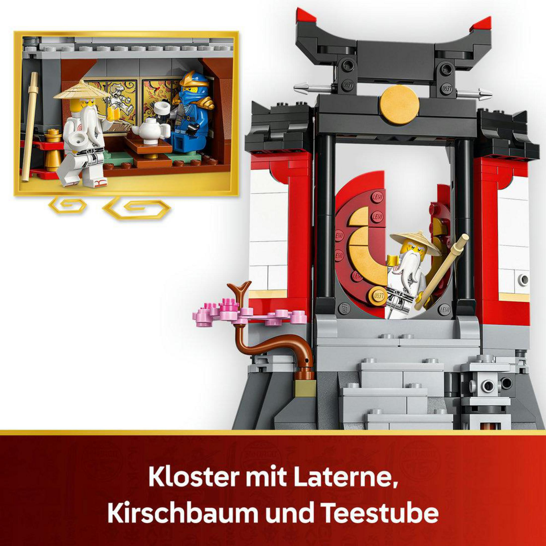 Klasztor LEGO z latarnią, wiśnią i herbaciarnią z figurkami.