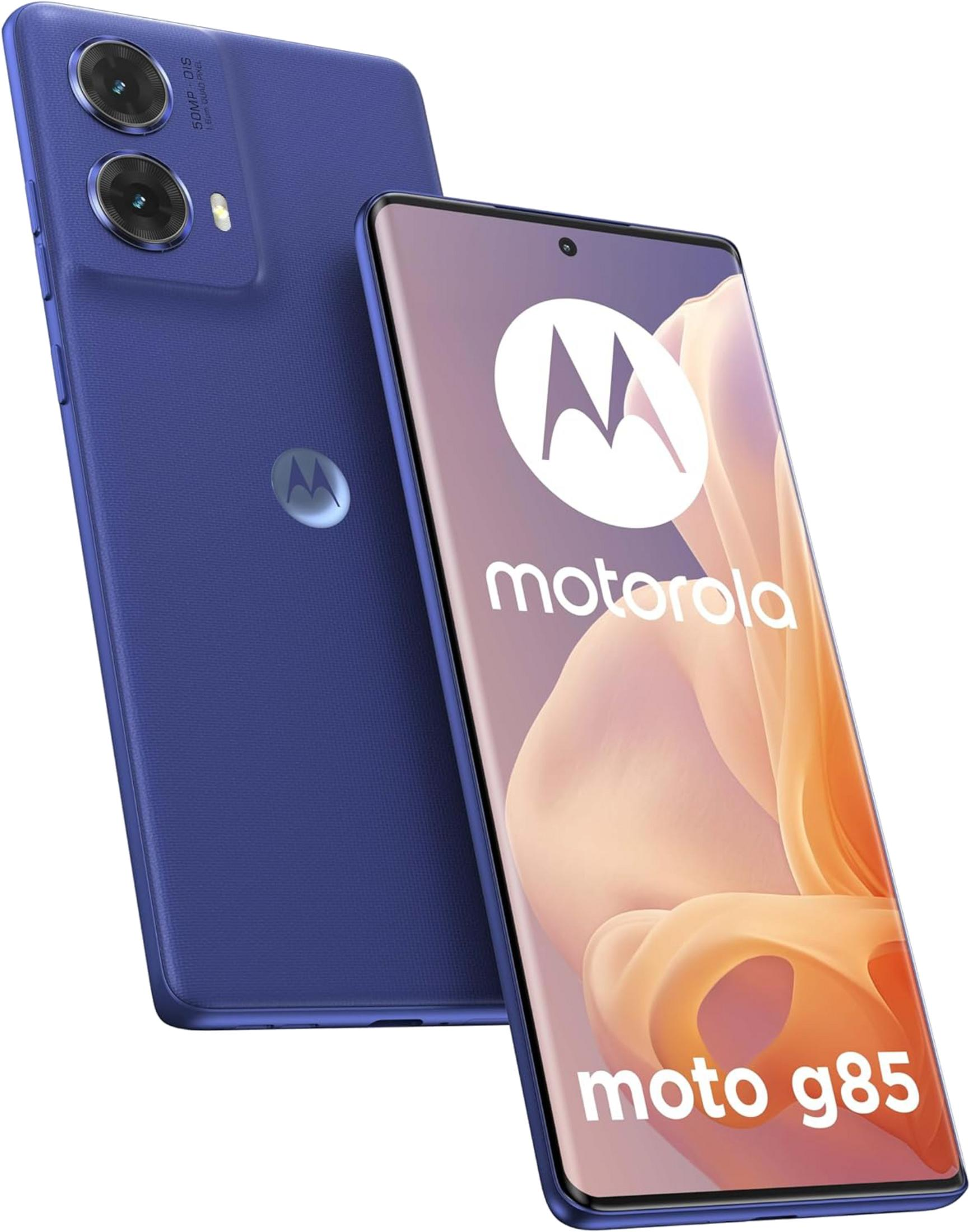 Un Motorola Moto G85 azul con doble cámara trasera.