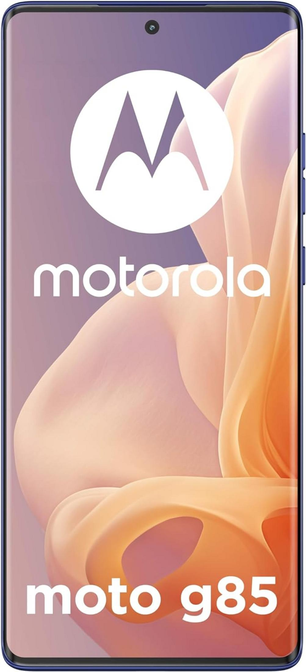 Un smartphone Motorola Moto G85 azul con su logo en primer plano.