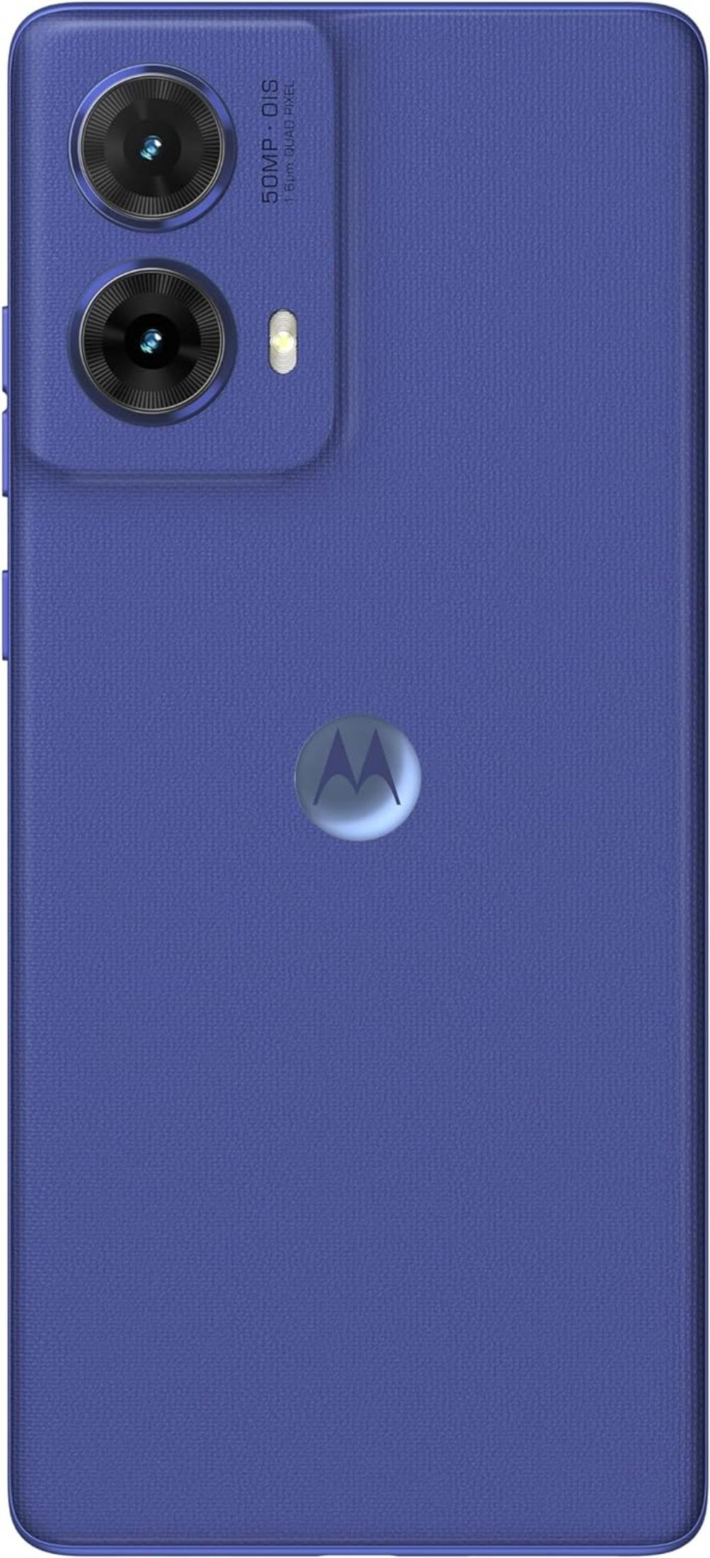 Parte trasera de teléfono morada con dos cámaras y logo Motorola.