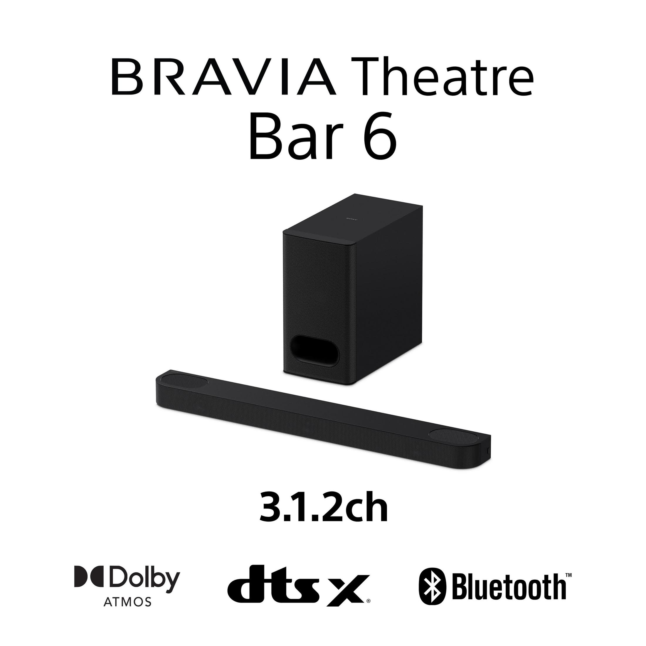 Schwarze Soundbar und Subwoofer mit BRAVIA Theatre Bar 6 Schriftzug.