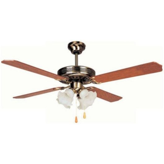Un ventilatore da soffitto con quattro pale in legno e due luci.