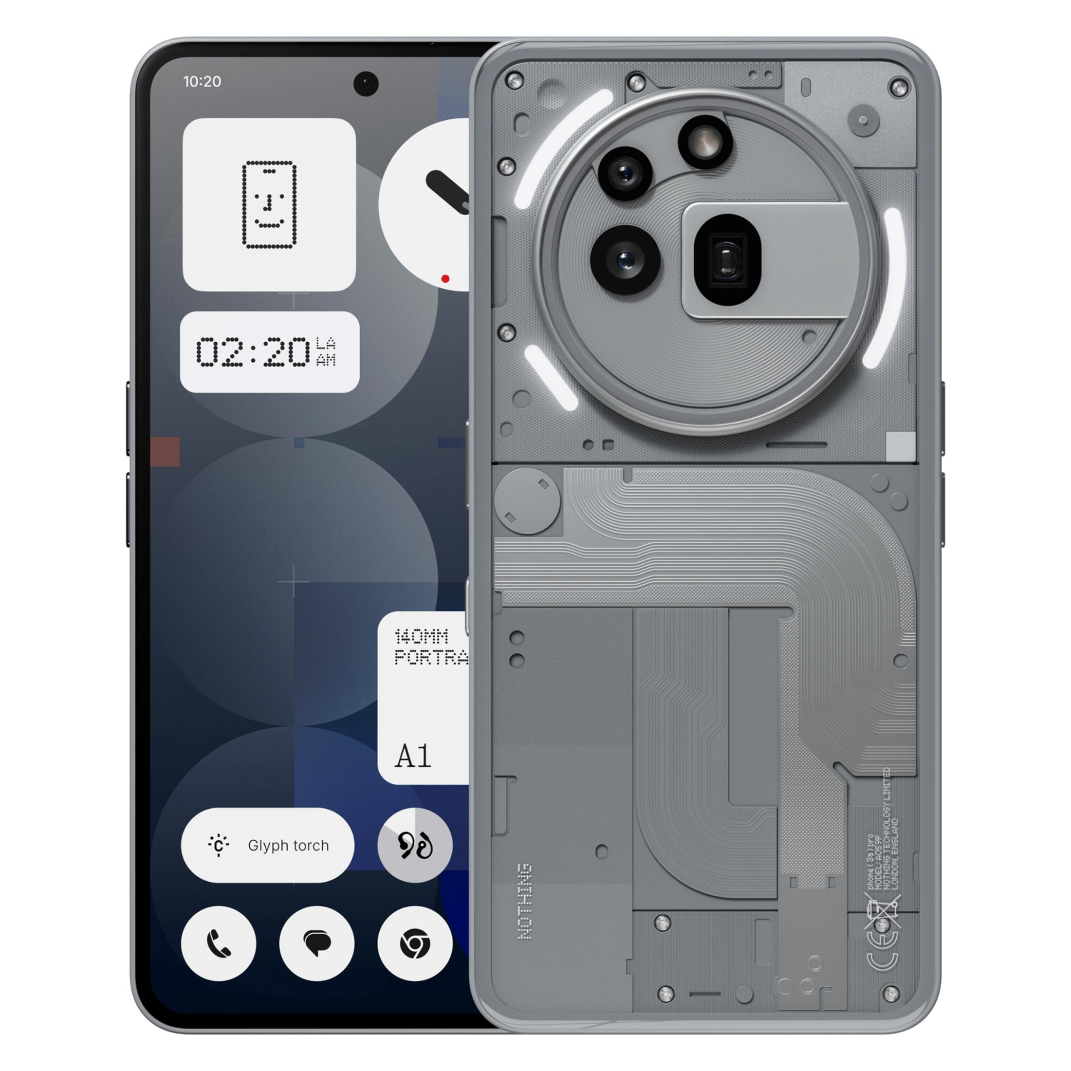 Un smartphone gris con parte trasera transparente que revela los componentes internos.