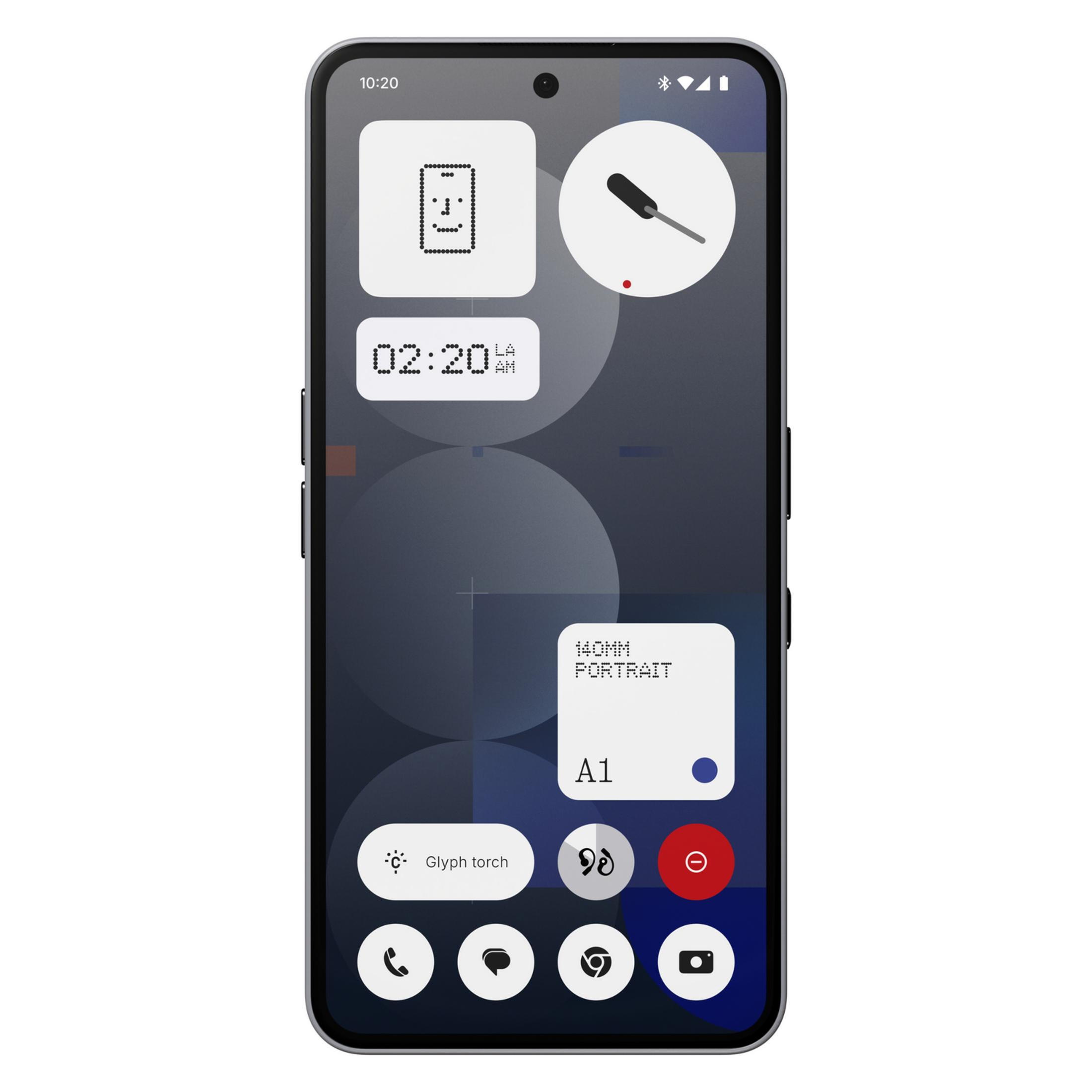 Pantalla de inicio de smartphone con widgets: cara de píxeles, hora 02:20, destornillador, nota e iconos.