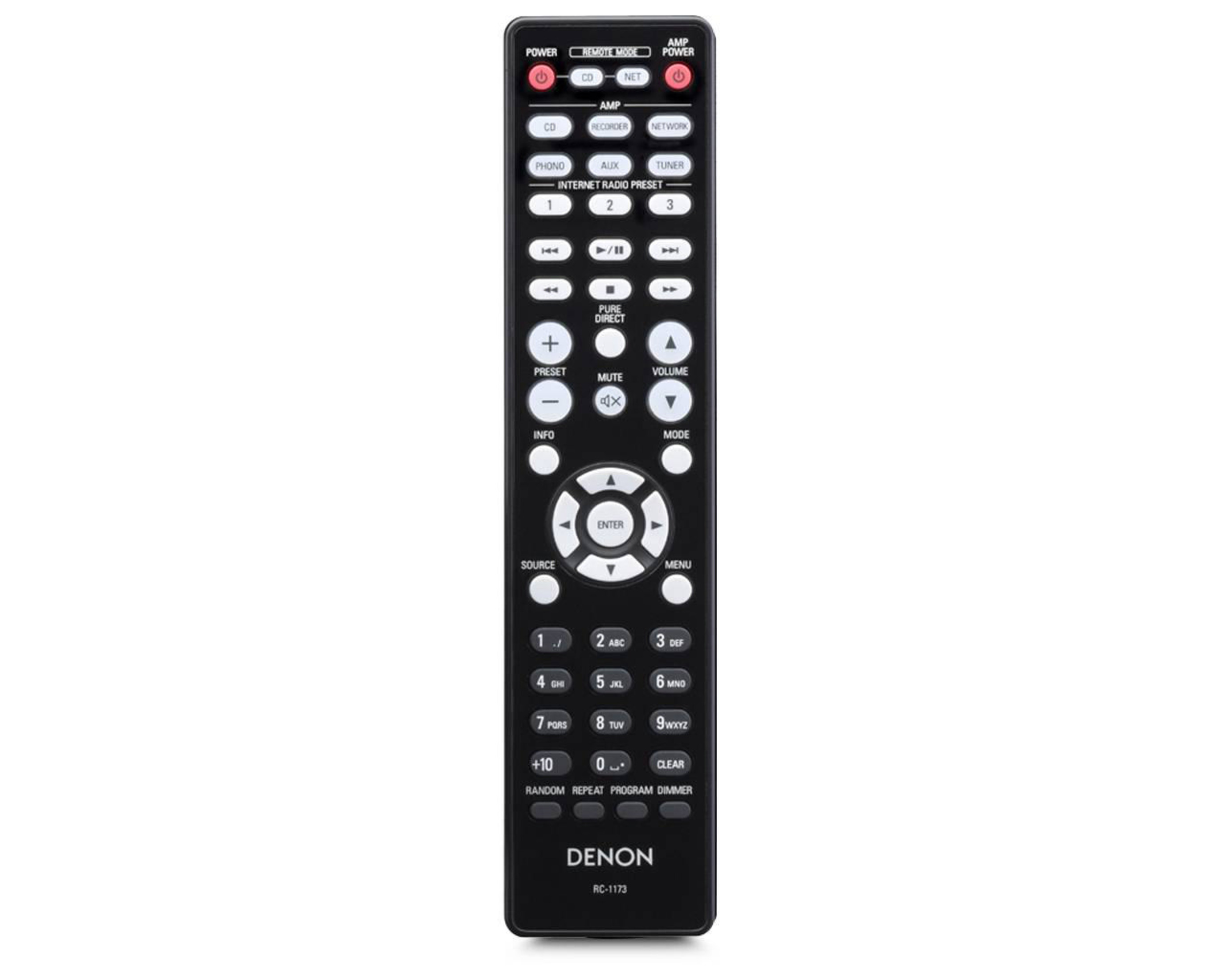 Güç, kaynak, ses ve sayısal tuş takımı düğmeli siyah Denon uzaktan kumanda.