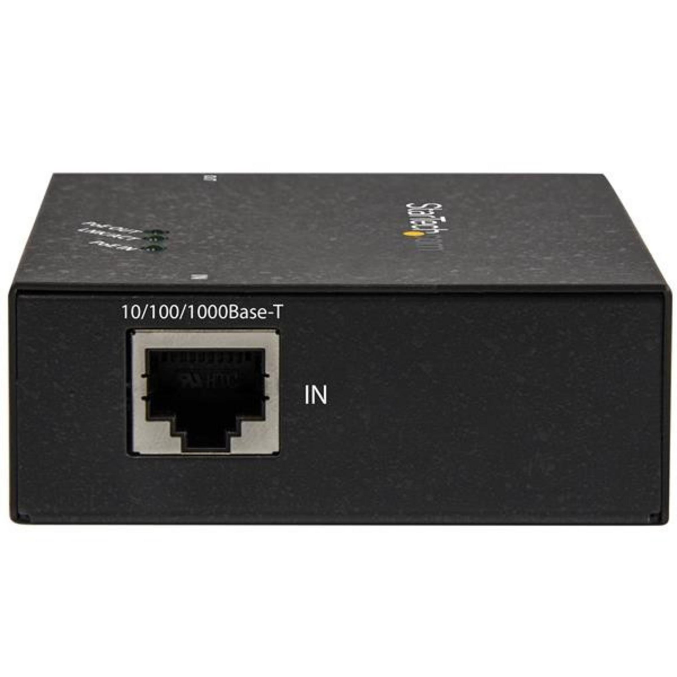 Schwarzes Netzwerkgerät mit RJ45-Anschluss und Beschriftung '10/100/1000Base-T IN'.