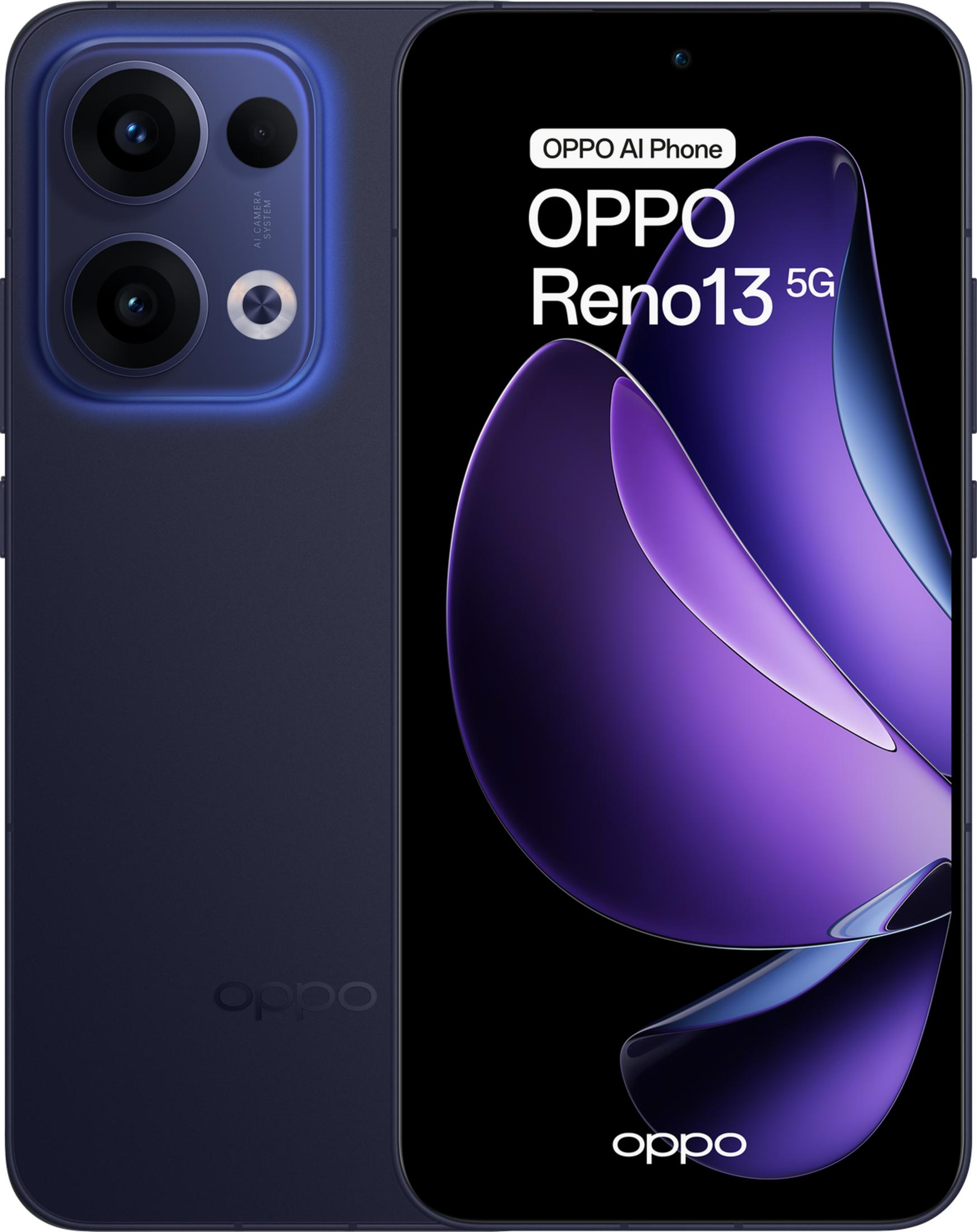 Un smartphone OPPO Reno13 5G oscuro con un patrón de onda violeta en la pantalla.