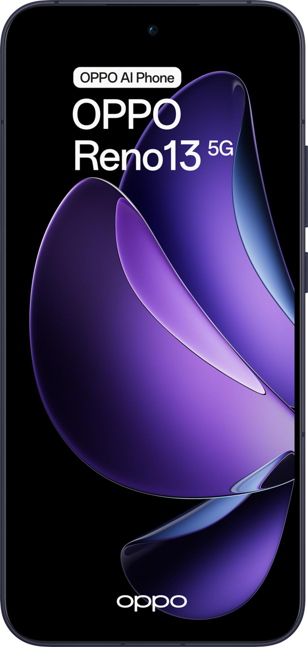 Un teléfono OPPO Reno13 5G con patrón de ondas moradas sobre fondo negro.