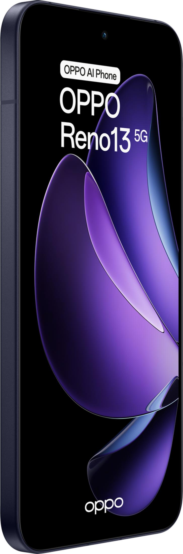OPPO Reno13 5G azul oscuro con patrón púrpura en pantalla.