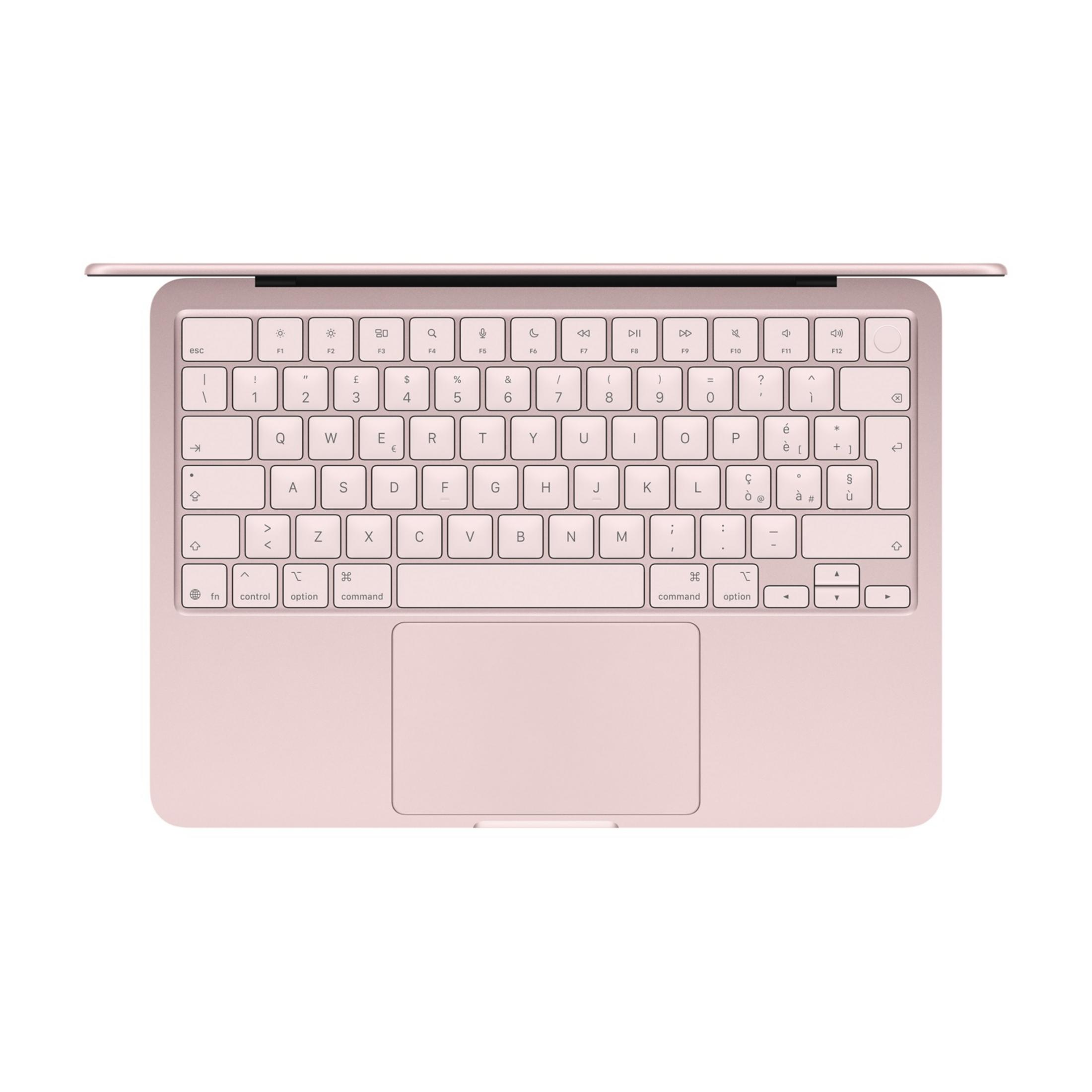 Tastiera e trackpad rosa per laptop, isolati su sfondo bianco.