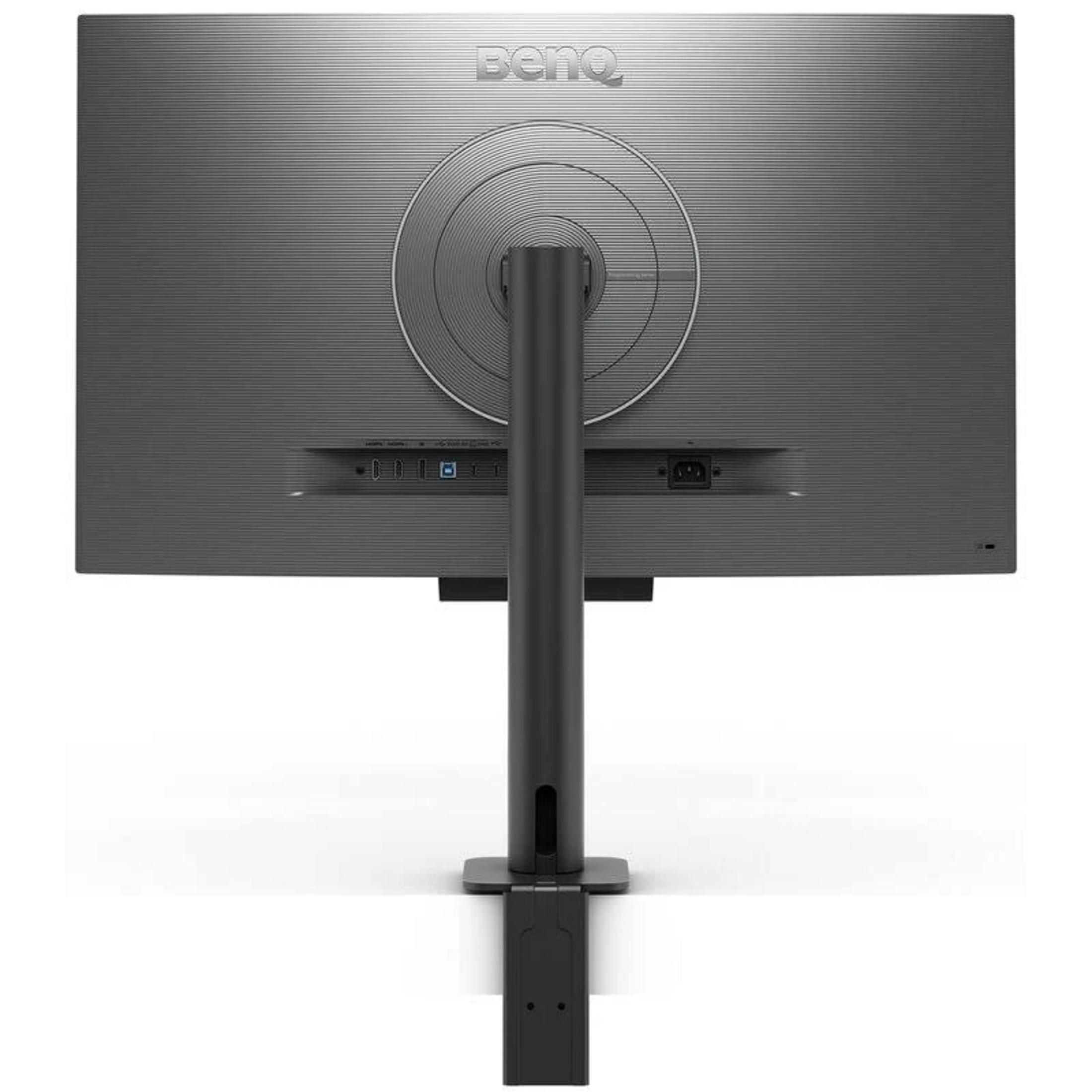 Rückseite eines grauen Monitors mit Anschlussports und Ständer.