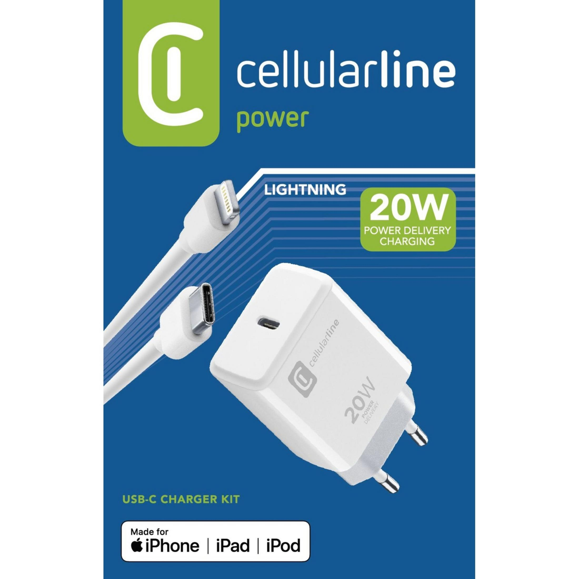 Cellularline USB-C Ladegerät-Kit mit Lightning-Kabel und 20W Netzteil.