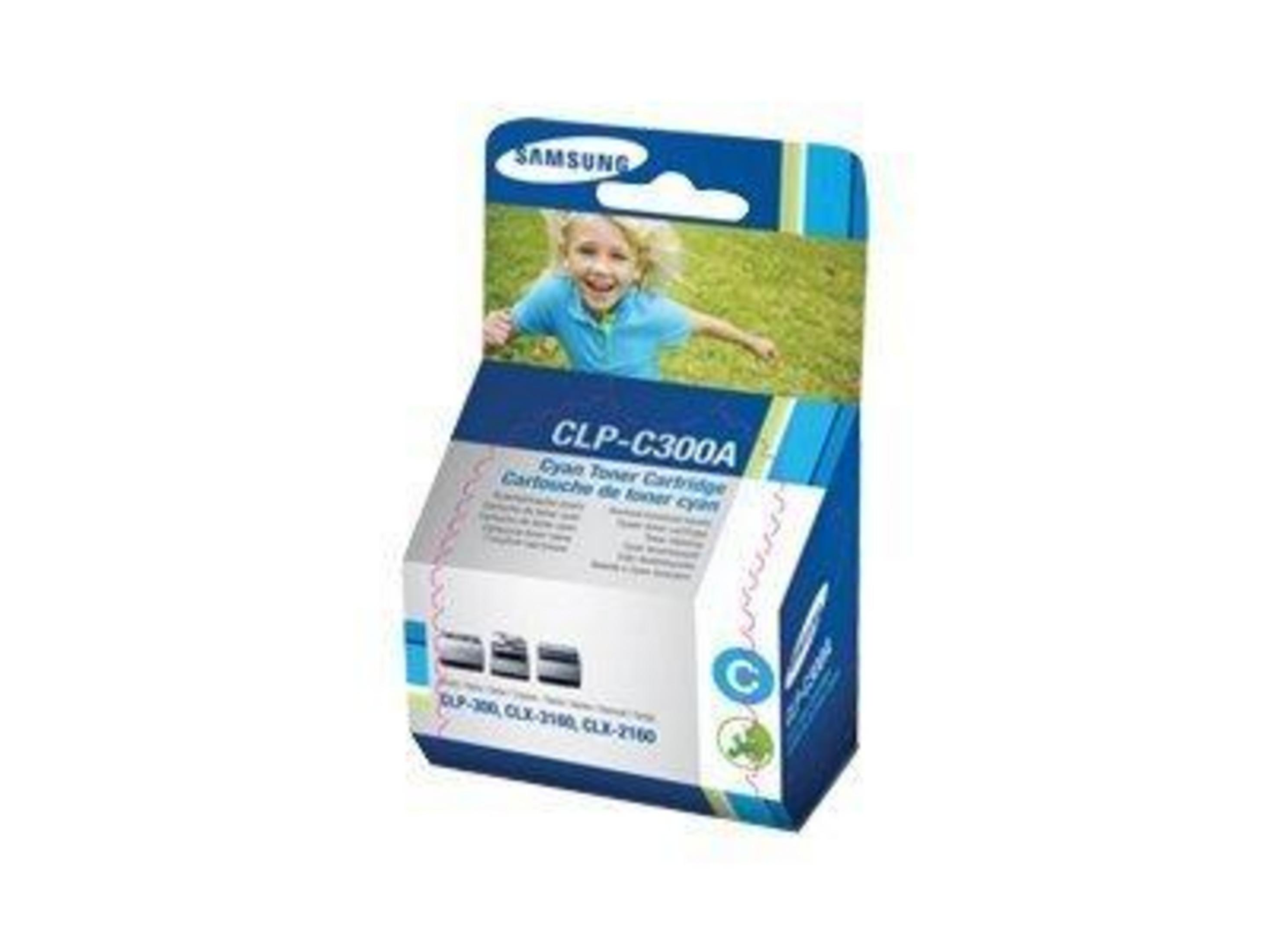 Confezione cartuccia toner ciano Samsung CLP-C300A con bambina sorridente.