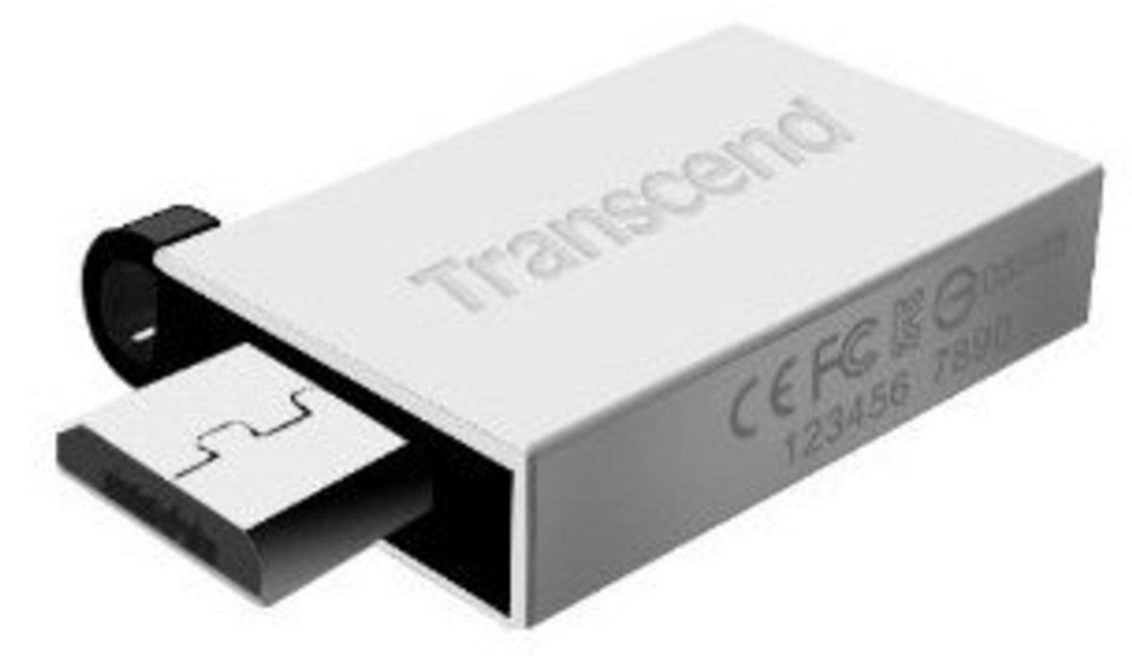 Un'unità flash USB Transcend bianca con il connettore parzialmente esteso.