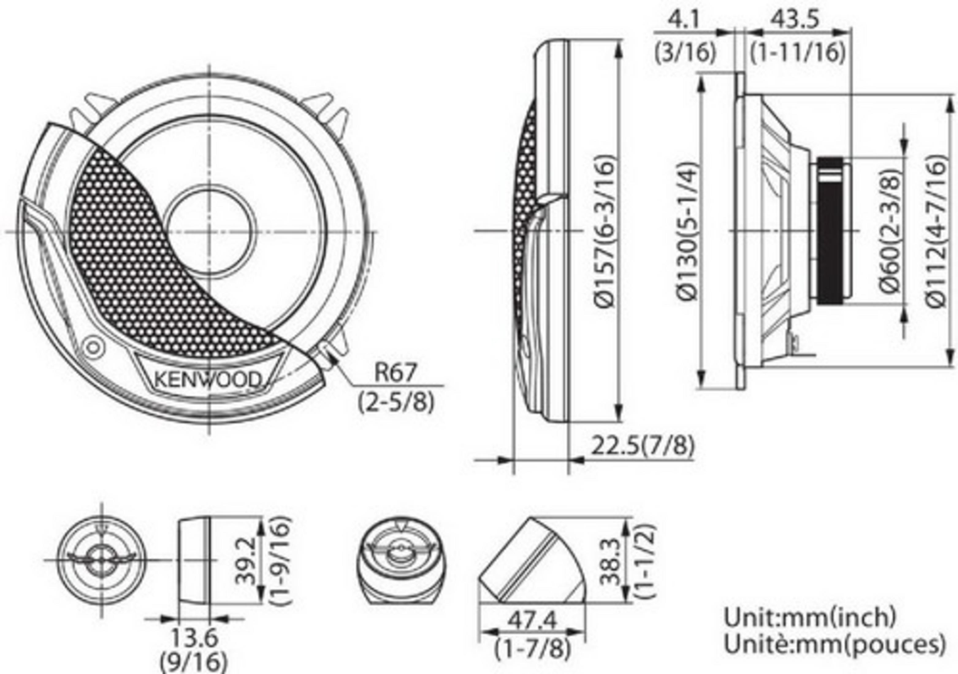 Technische Zeichnung eines Kenwood Lautsprechers mit Maßen in mm und Zoll.