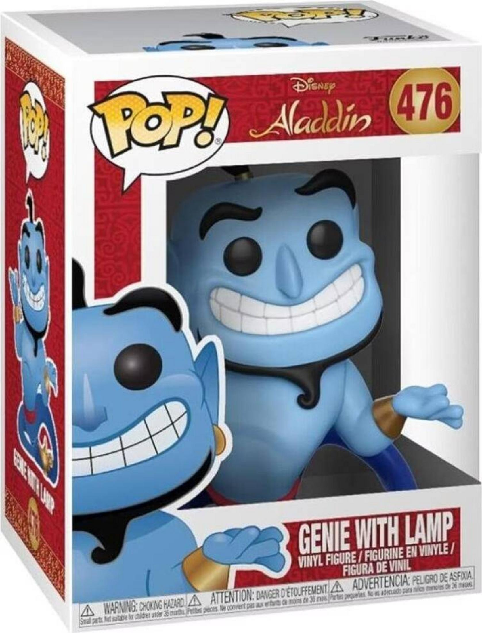 Una figuretta in vinile Funko Pop! blu del Genio di Aladdin nella sua confezione.