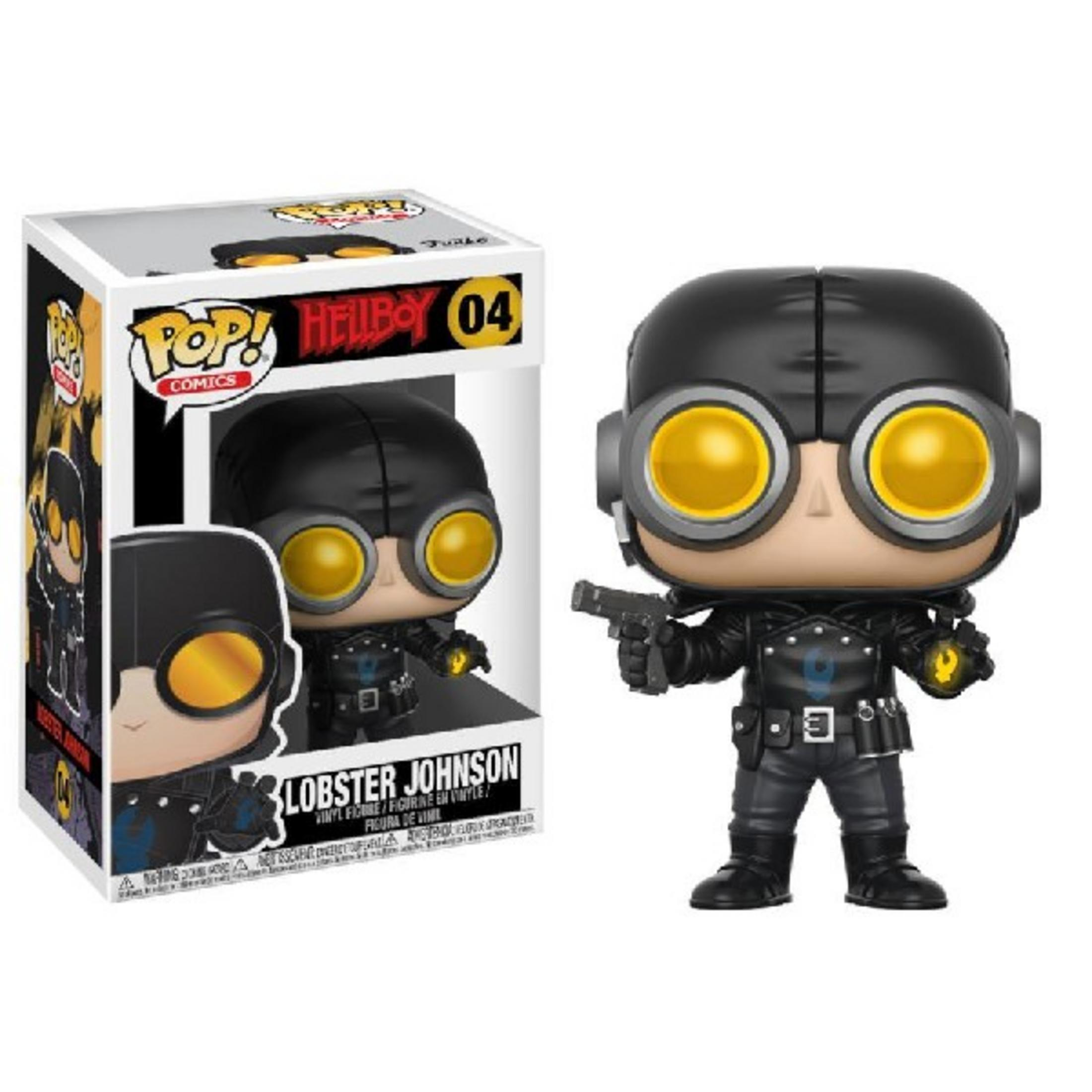 Action figure Funko Pop! Lobster Johnson con pistola, accanto alla sua scatola.