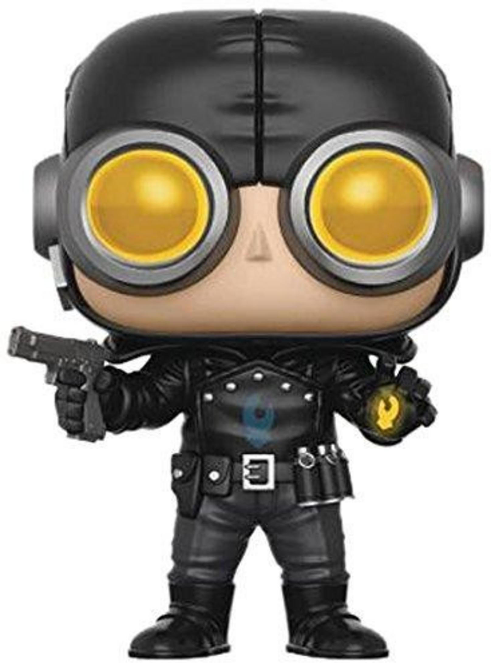 Statua in vinile nero con occhiali, tiene una pistola e un globo luminoso.
