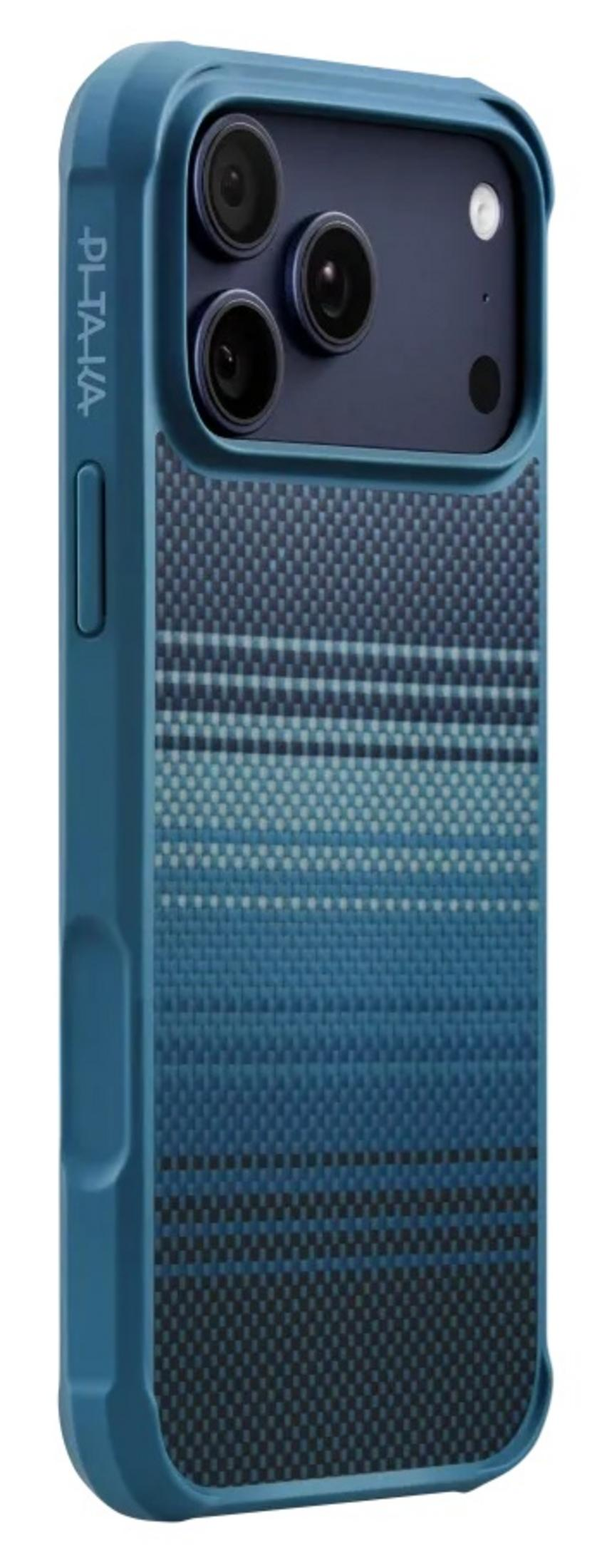 Ein blauer Handyhülle mit Kameramodul und Streifenmuster.