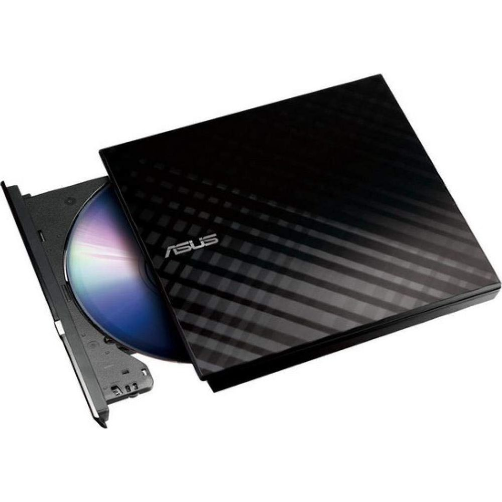Zwarte ASUS externe DVD-drive met open lade en schijf erin.
