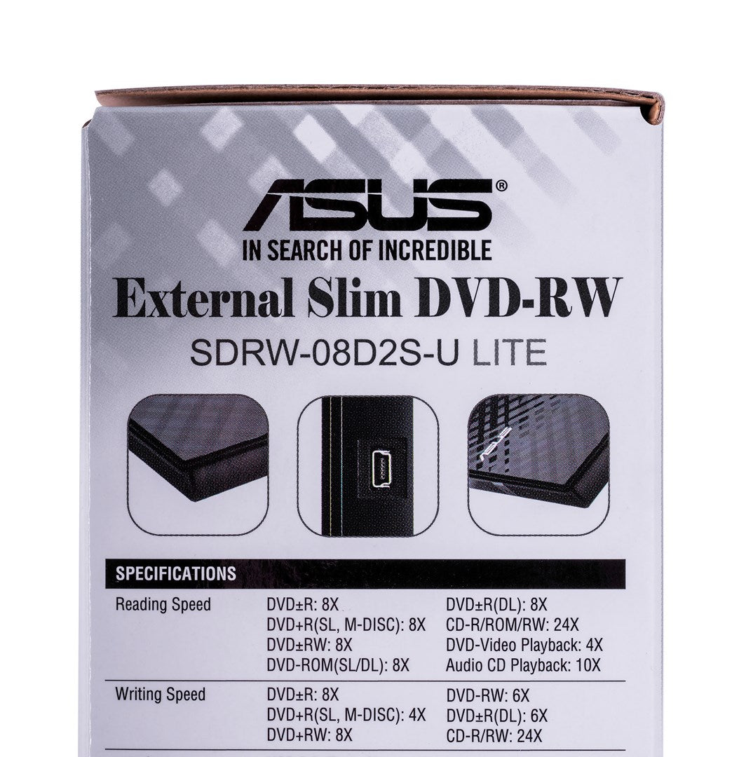 Doos voor ASUS Externe Slim DVD-RW drive, met productnaam en specificaties.