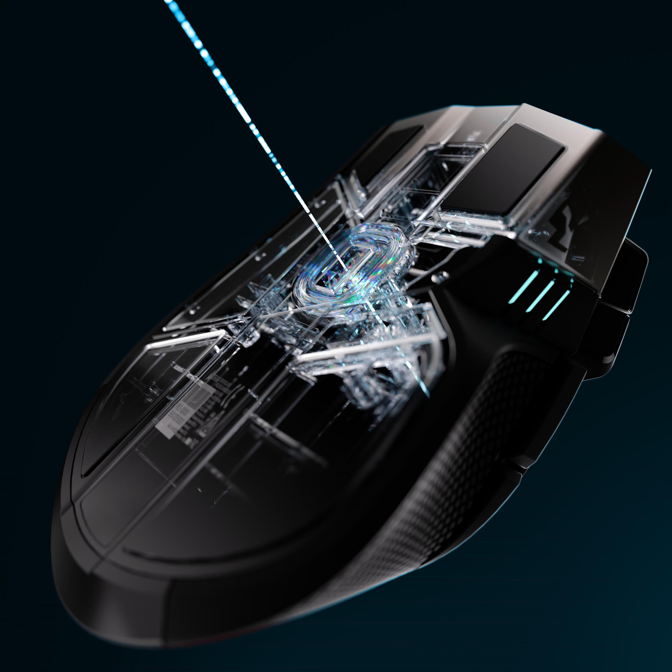 Un prototipo di mouse da gaming trasparente con un raggio laser blu.