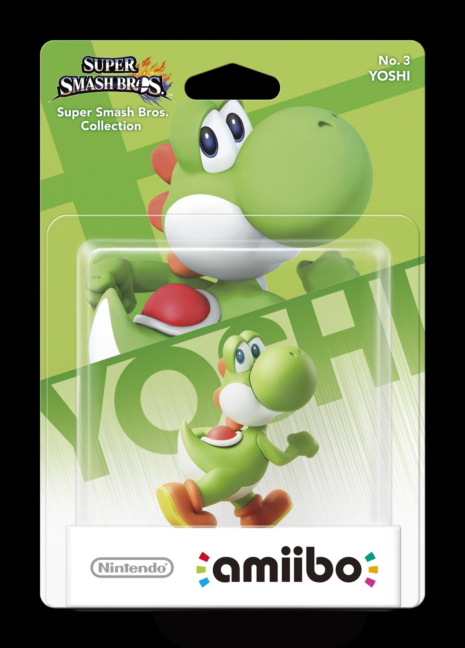 Eine grüne Yoshi-Amiibo-Figur in Super Smash Bros.-Verpackung. Nr. 3 Yoshi.