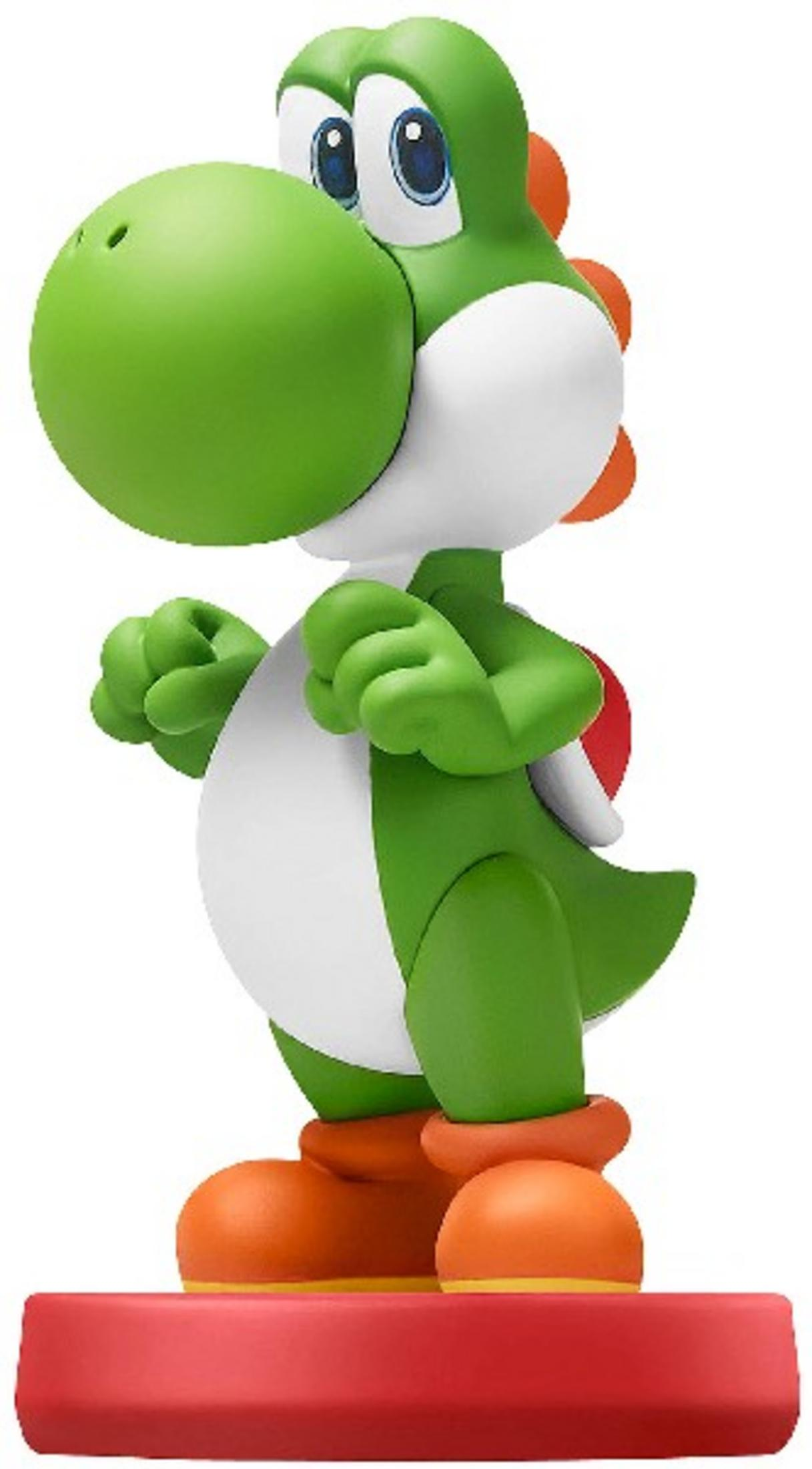 Eine grüne Yoshi-Figur mit weißen und orangen Akzenten steht auf einem roten Sockel.