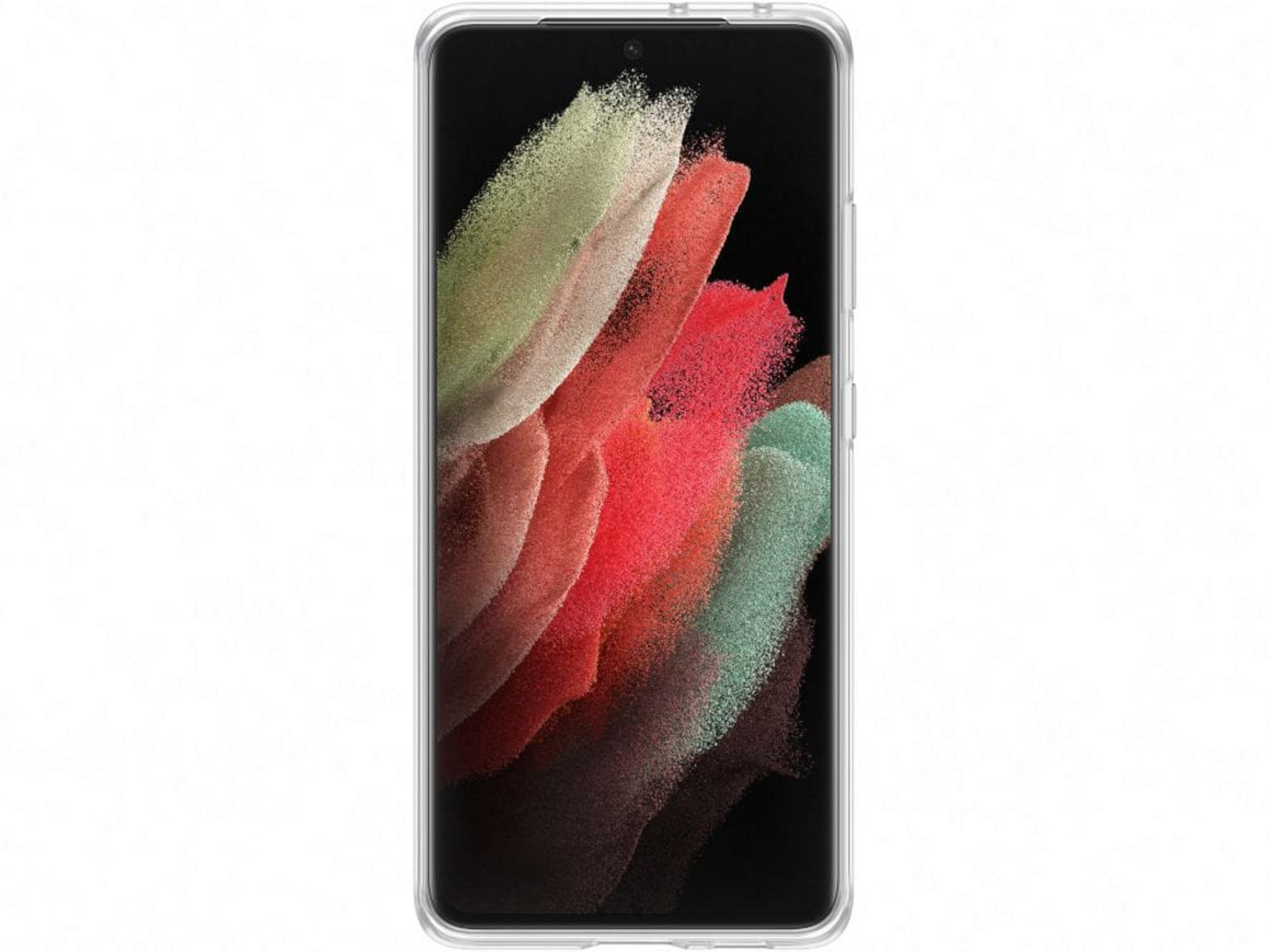 Ein Smartphone mit klarem Gehäuse und einem bunten, abstrakten Hintergrund.