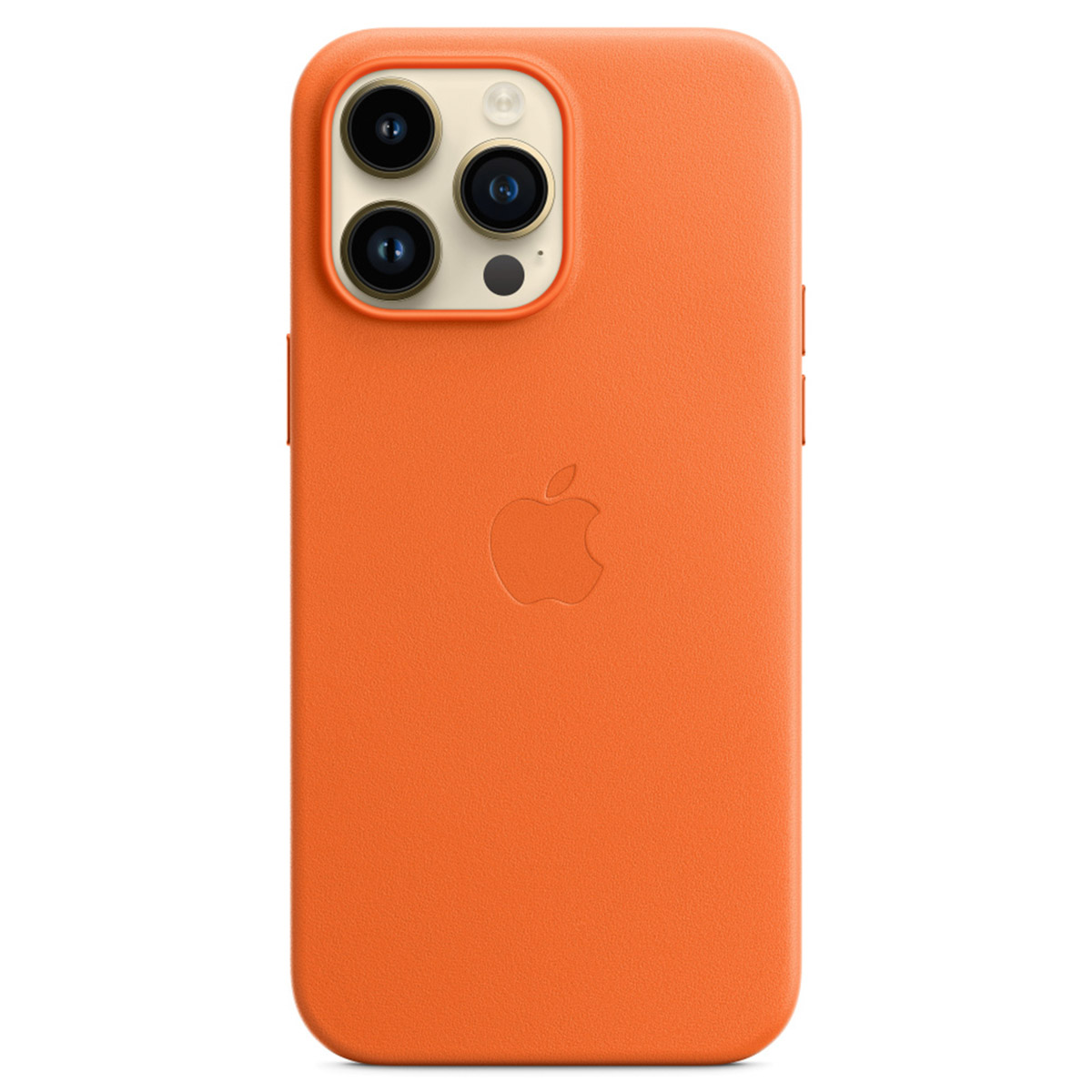Custodia arancione per iPhone con tripla fotocamera e logo Apple in rilievo.