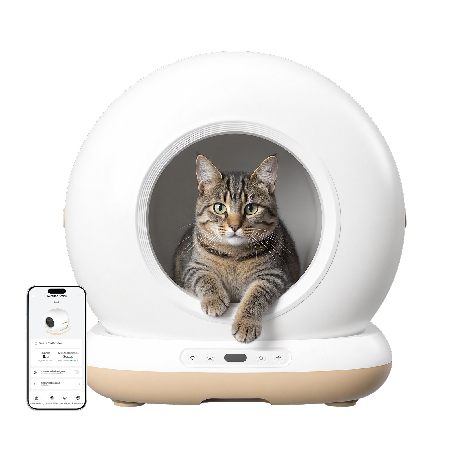 Un gatto è seduto in una lettiera rotonda bianca, accanto c'è uno smartphone con un'app.