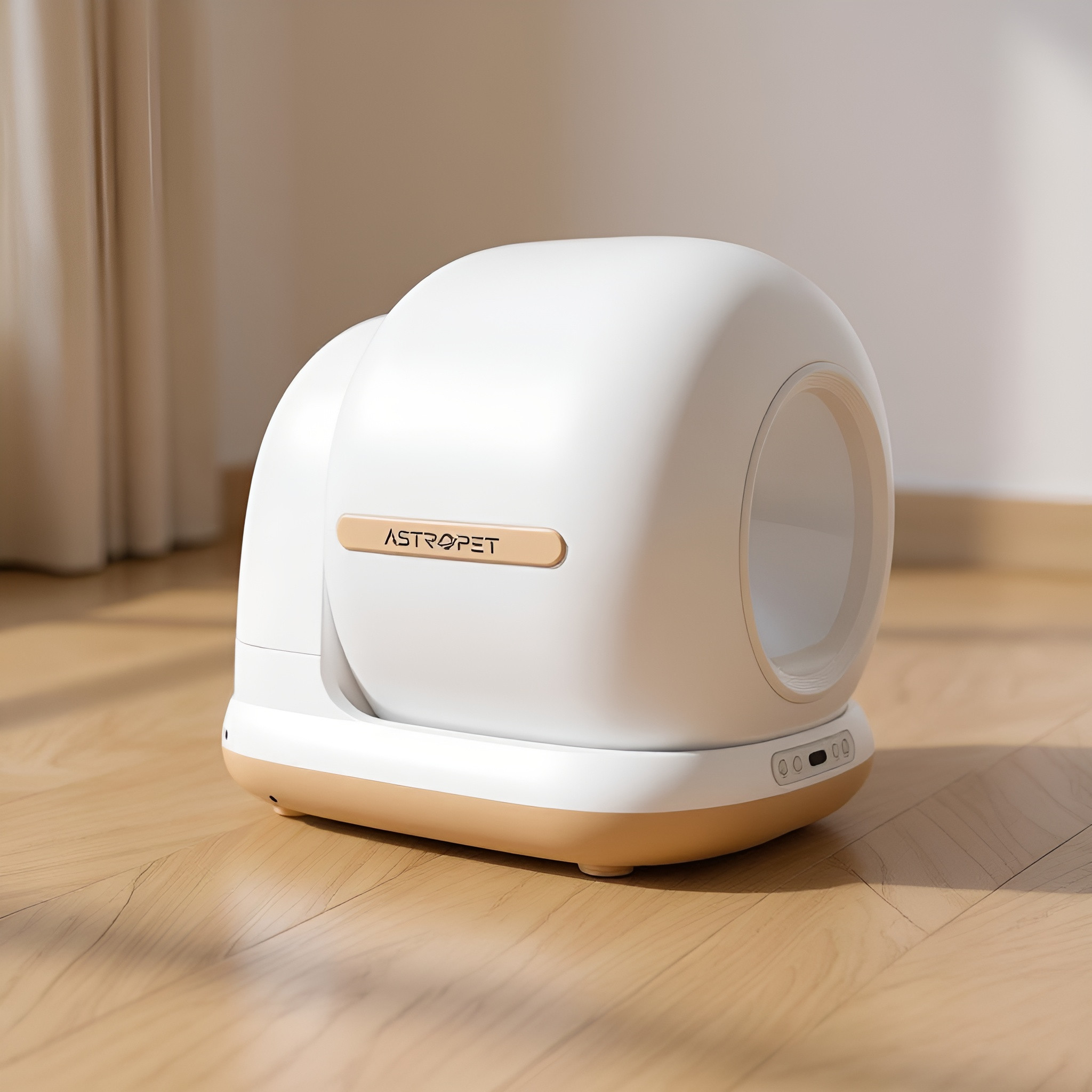 Una lettiera automatica bianca e oro su pavimento in legno.