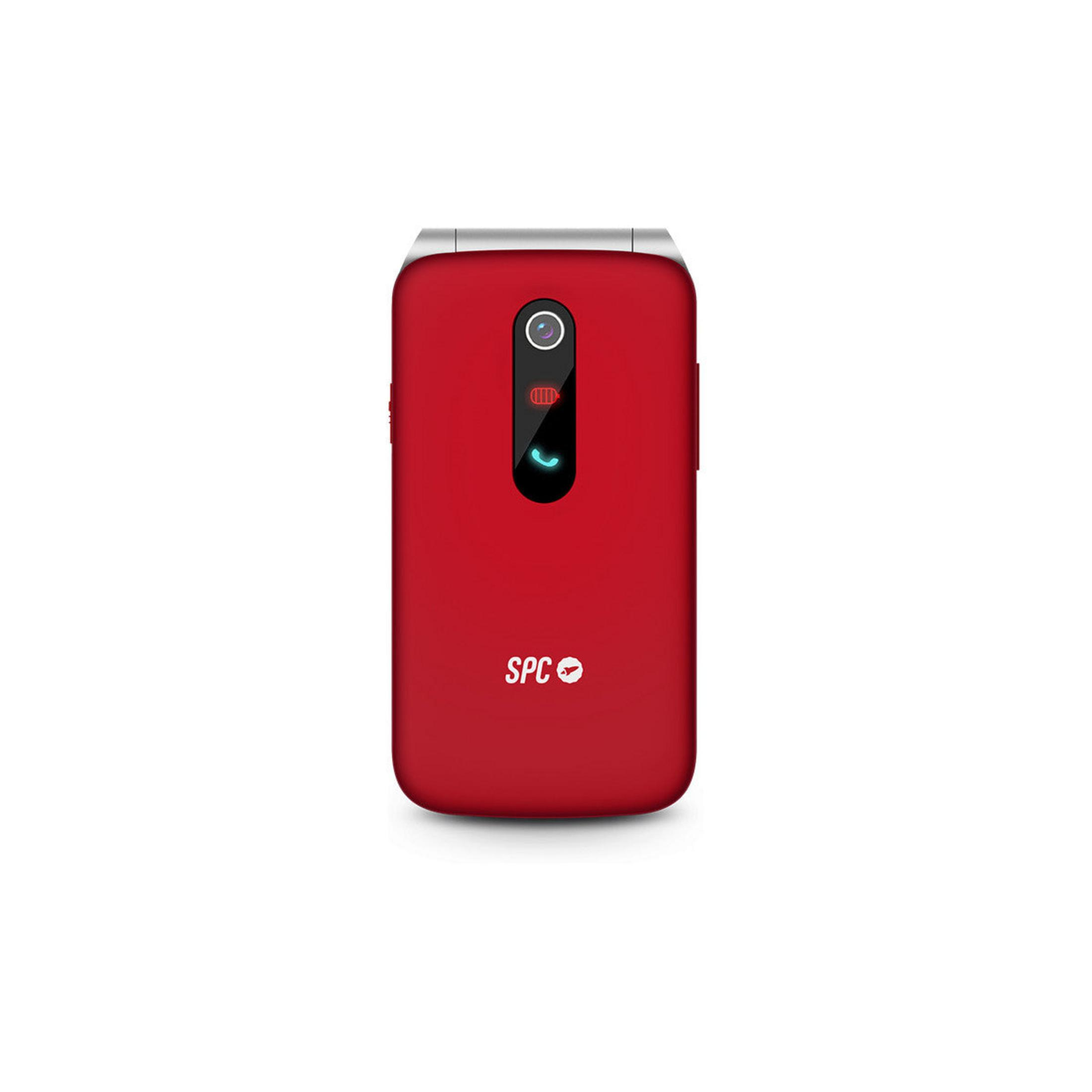 Telefono a conchiglia rosso con fotocamera e logo SPC su sfondo bianco.