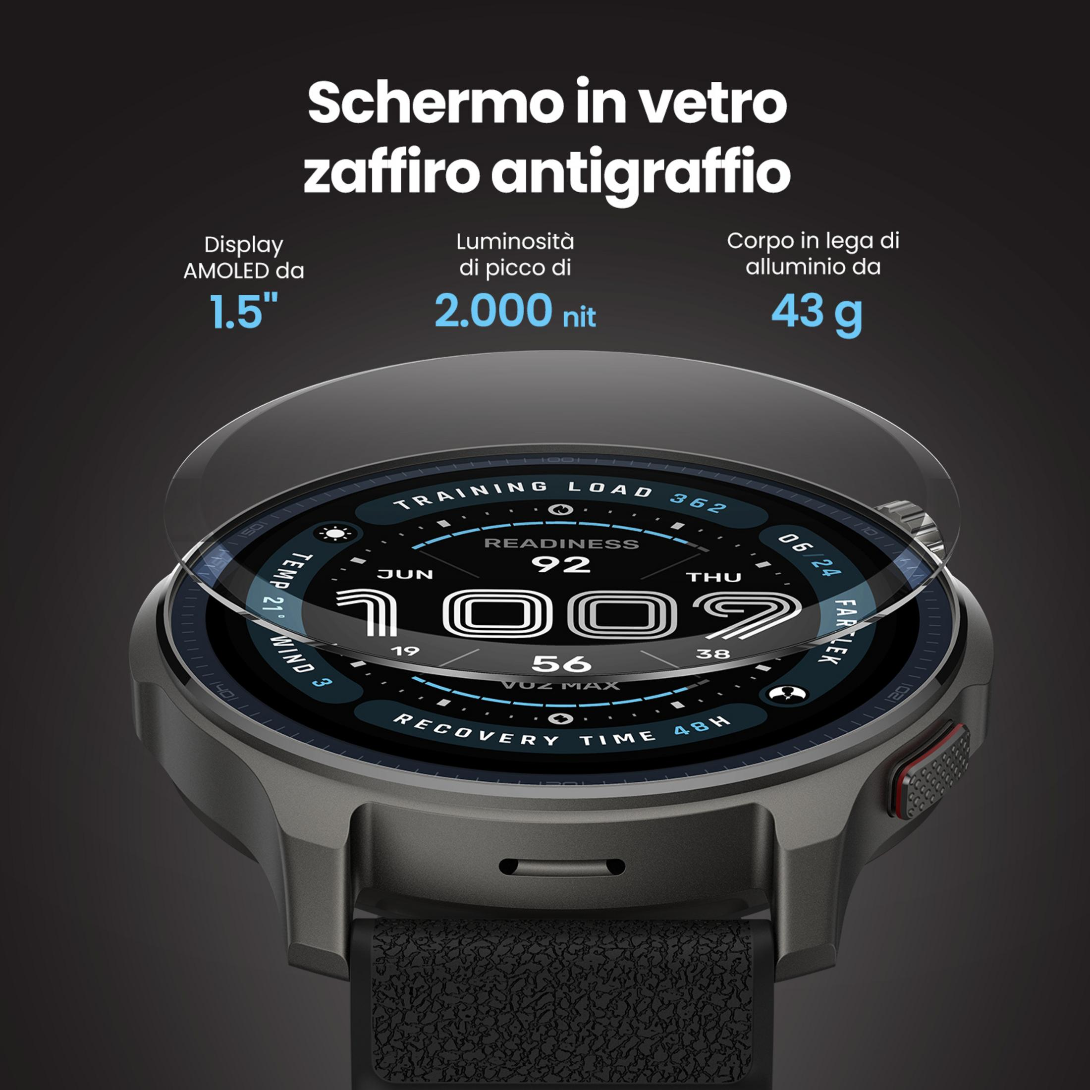 Pantalla de reloj inteligente gris con datos de entrenamiento y cristal de zafiro.