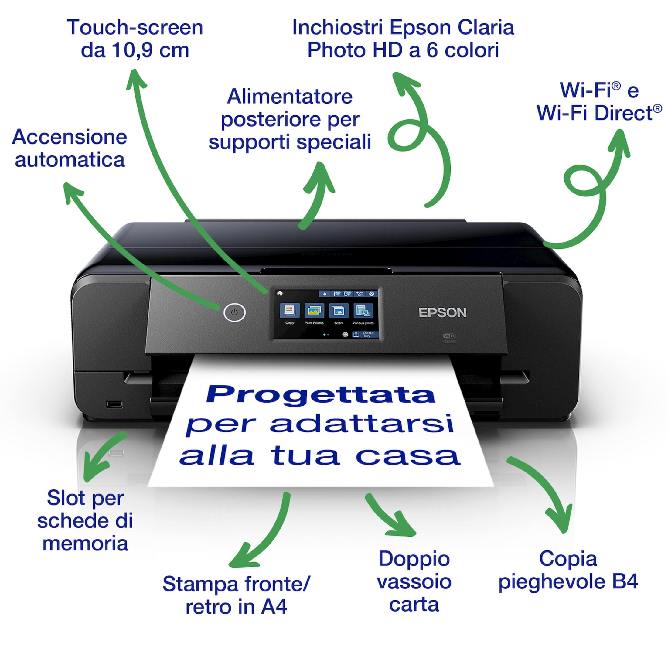 Ein schwarzer Epson Drucker mit Touchscreen und Beschriftungen.