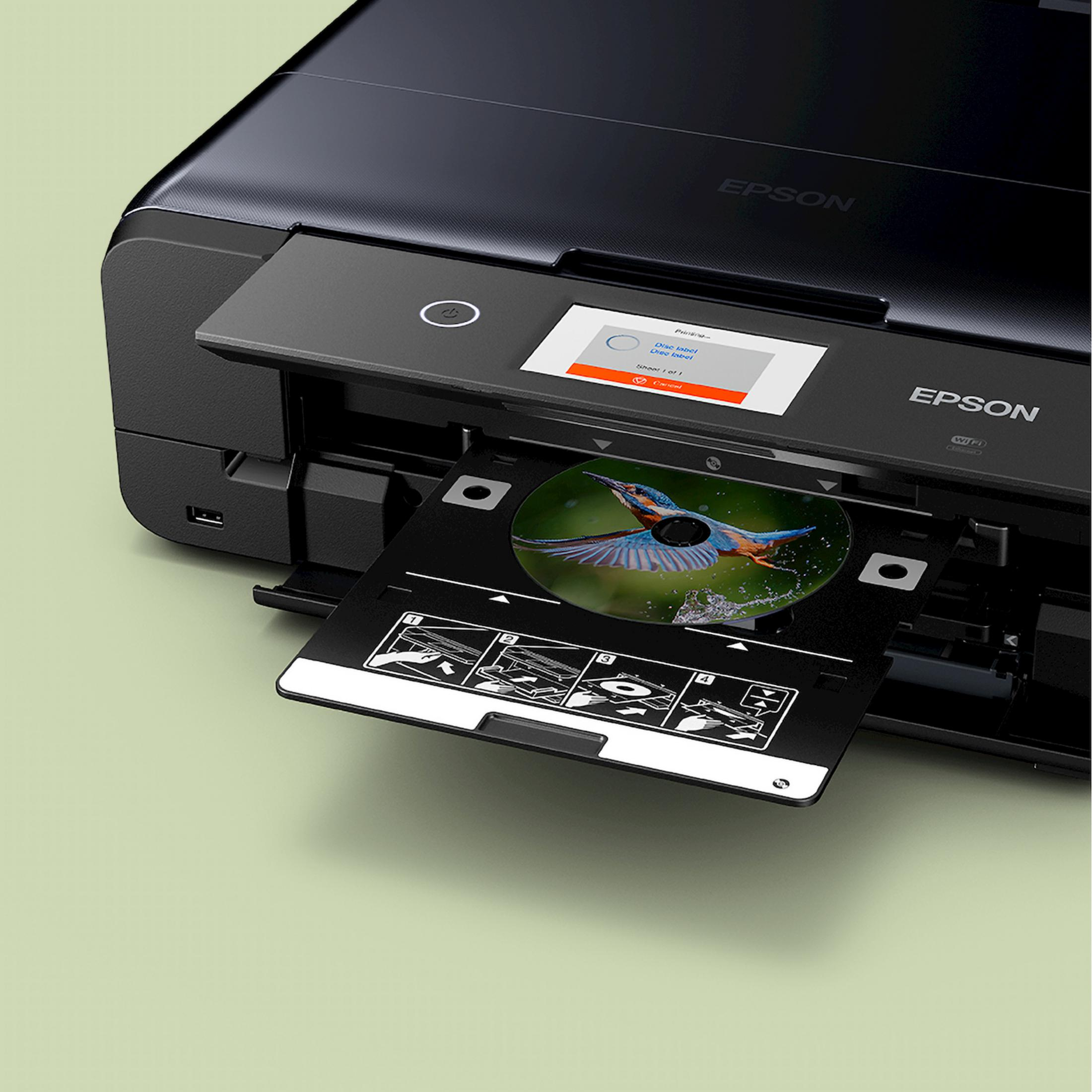 Ein schwarzer Epson Drucker druckt ein Bild eines Eisvogels auf eine CD.