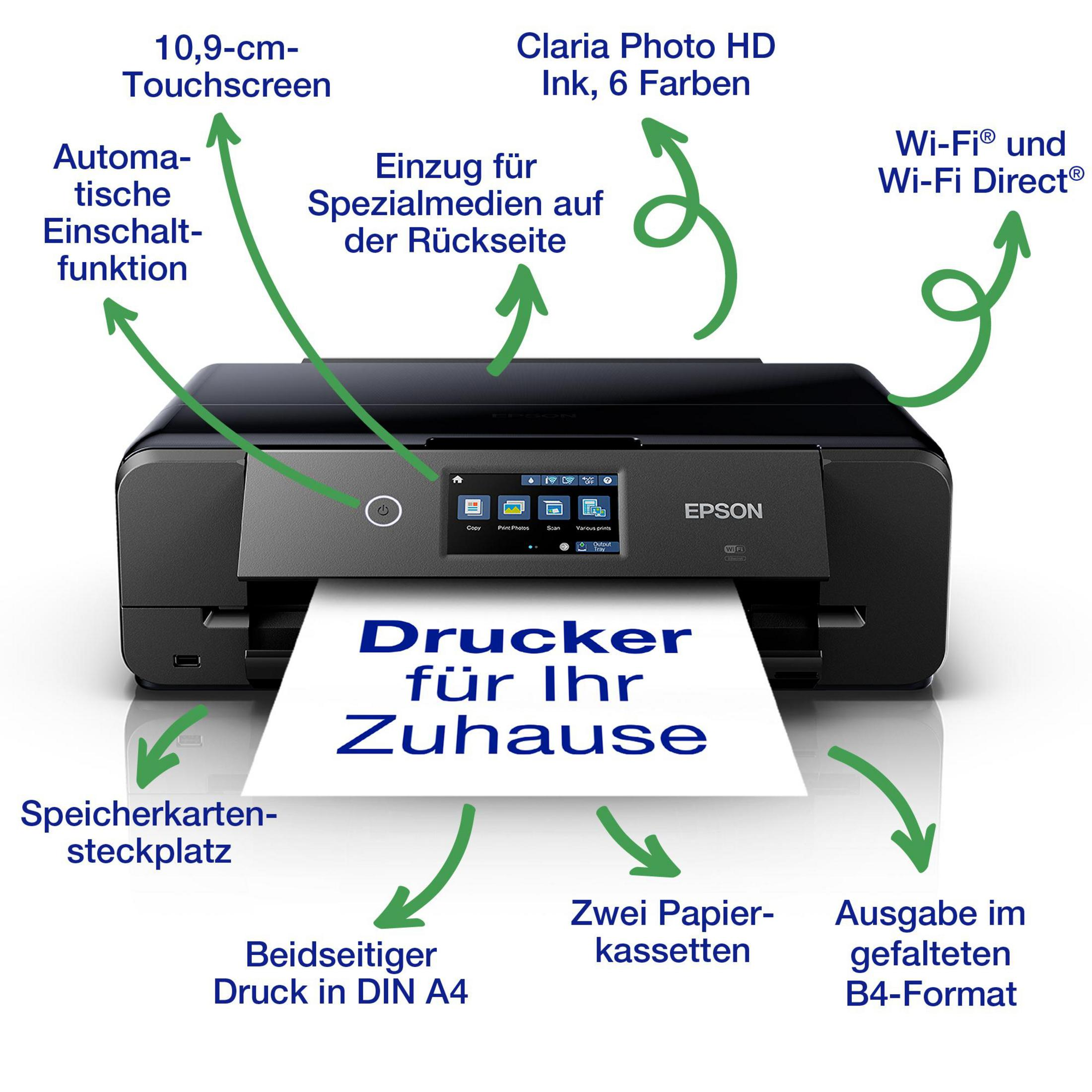 Epson Drucker mit Touchscreen, Tintenpatronen, Einzug, Wi-Fi und Papierfächern.