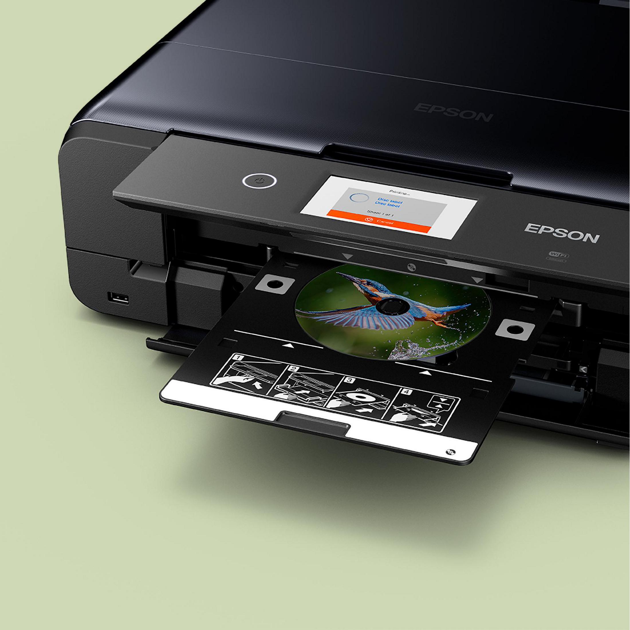 Ein schwarzer Epson-Drucker mit ausgefahrener CD-Schublade, auf der ein Eisvogel abgebildet ist.