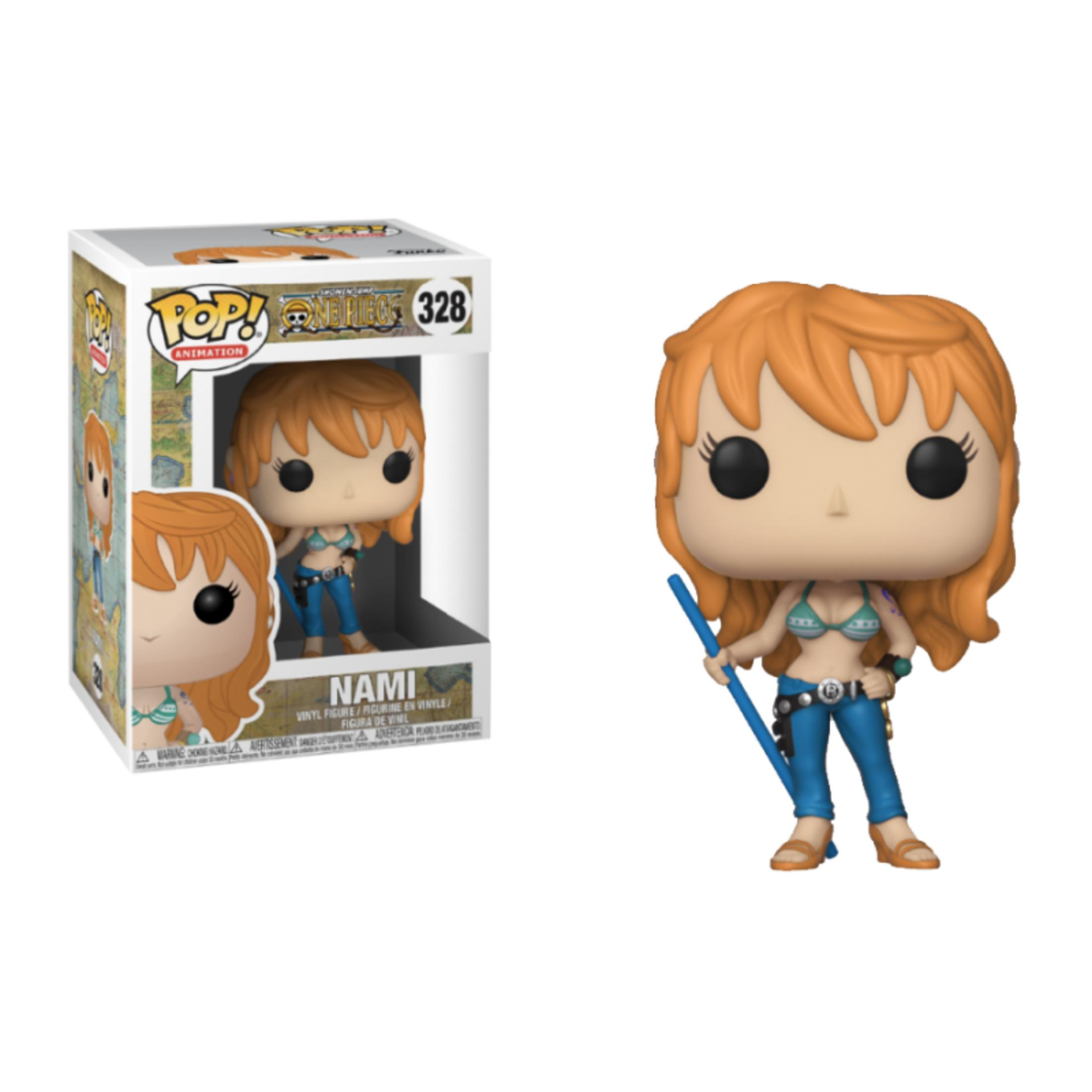 Figura Nami Funko Pop! con caja. Pelo naranja, traje azul, bastón.