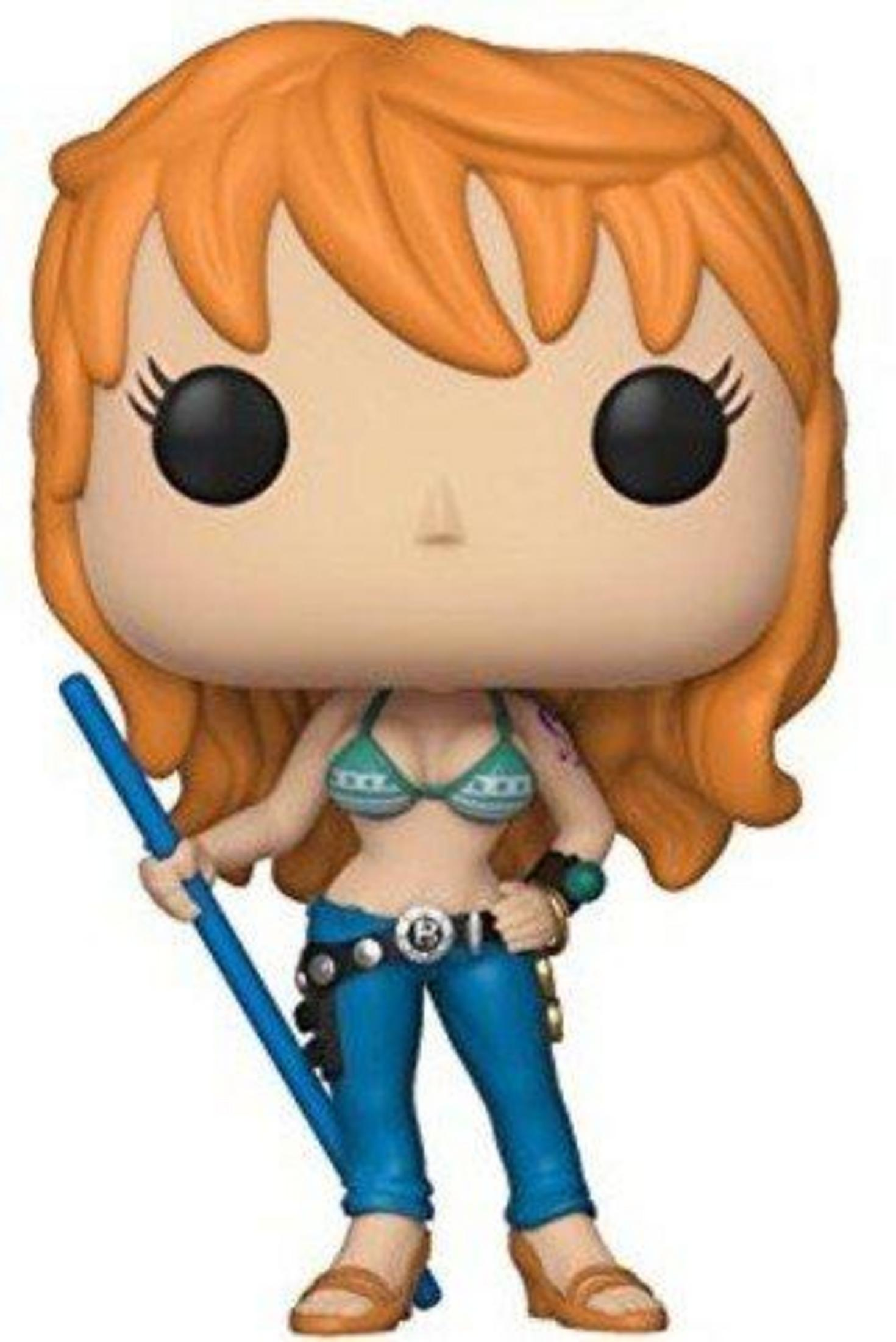 Figura Funko Pop de Nami con pelo naranja, top verde, pantalones azules y bastón.