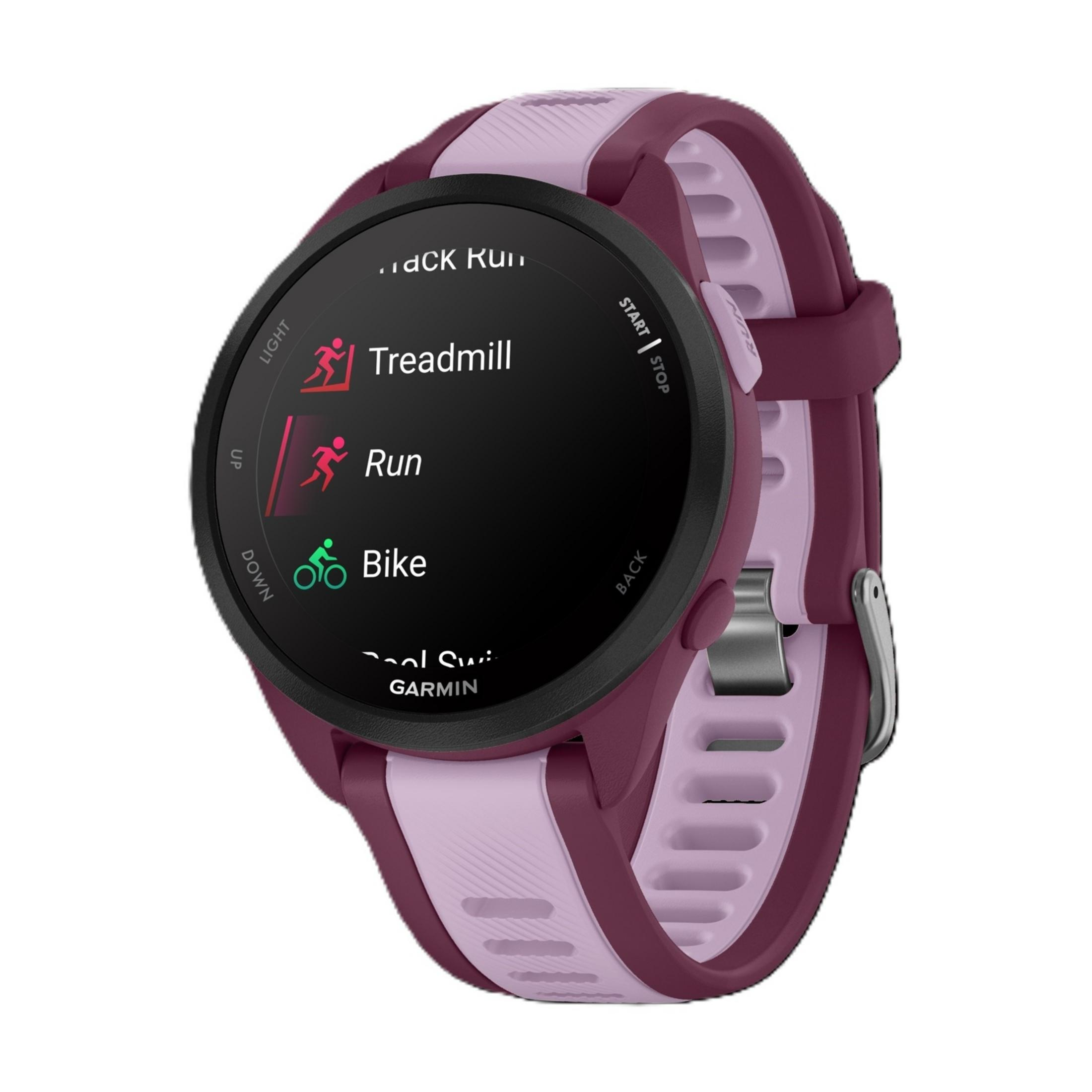 Eine digitale Sportuhr mit dunkelrotem und hellviolettem Armband. Das Display zeigt Sportmodi.