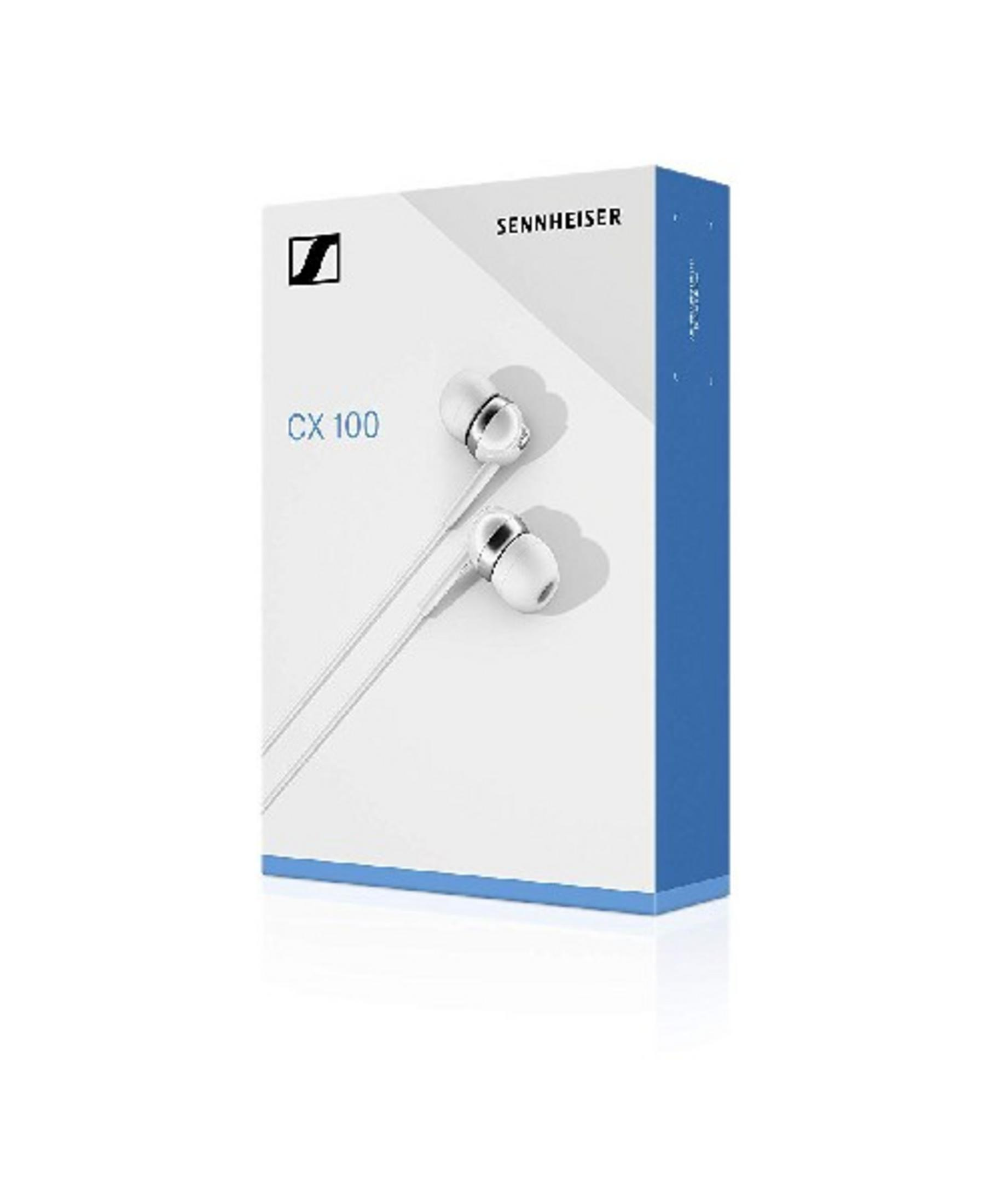Auricolari Sennheiser CX 100 su scatola bianca.