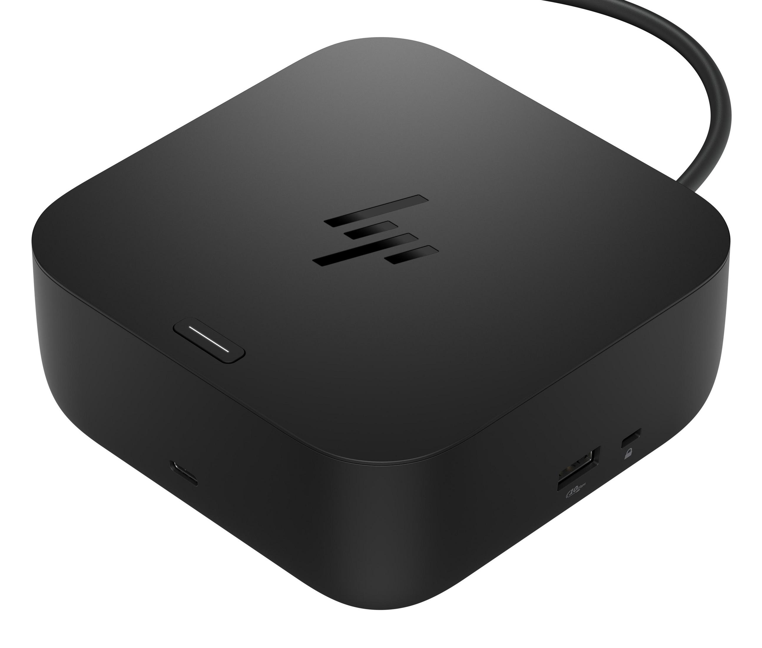 Hub di docking HP nero con porte e un cavo collegato.