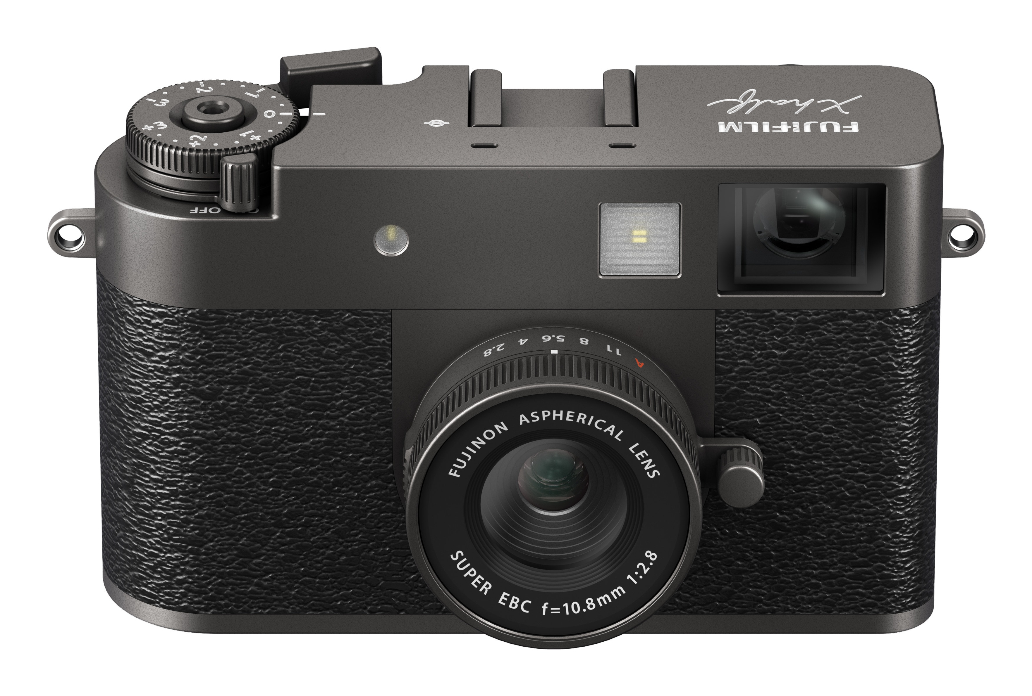 Eine dunkelgraue Fujifilm X-Half Kamera mit strukturiertem Gehäuse und Fujinon-Objektiv.