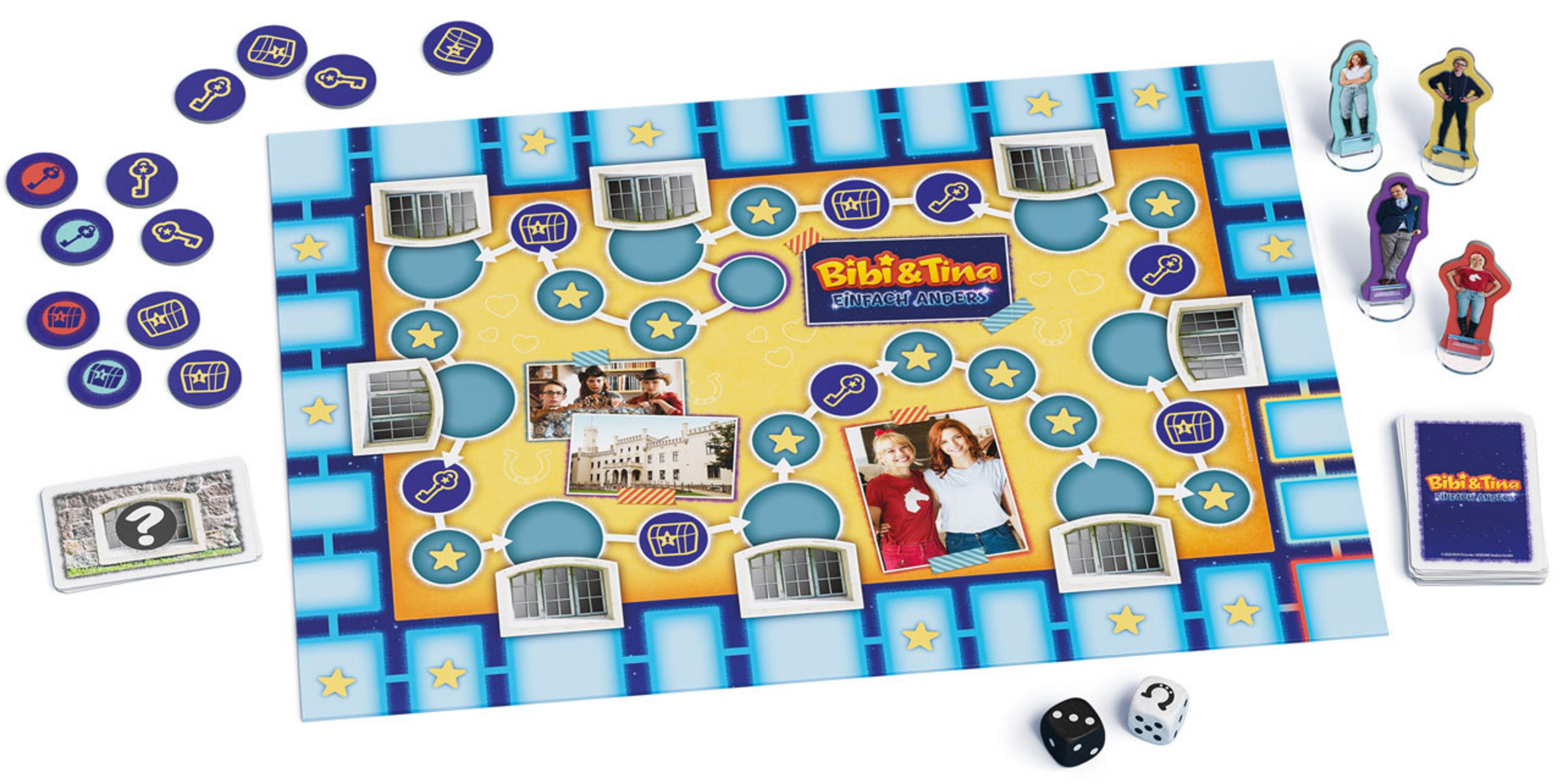 Bibi & Tina Spielbrett mit Spielfiguren, Würfeln und Chips.