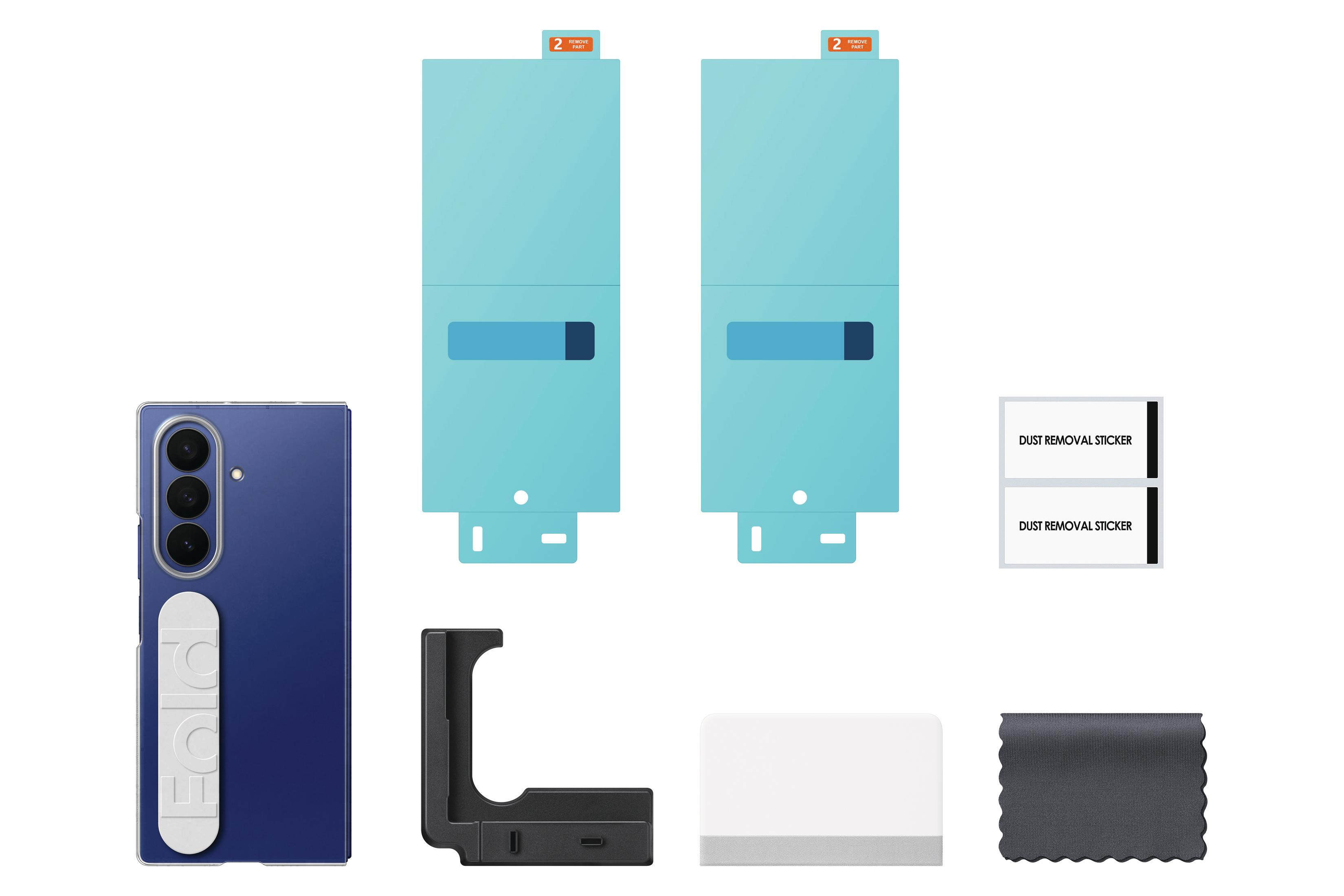 Un smartphone azul con cámaras, dos protectores de pantalla azules, un soporte negro, pegatinas quitapolvo y un paño blanco.