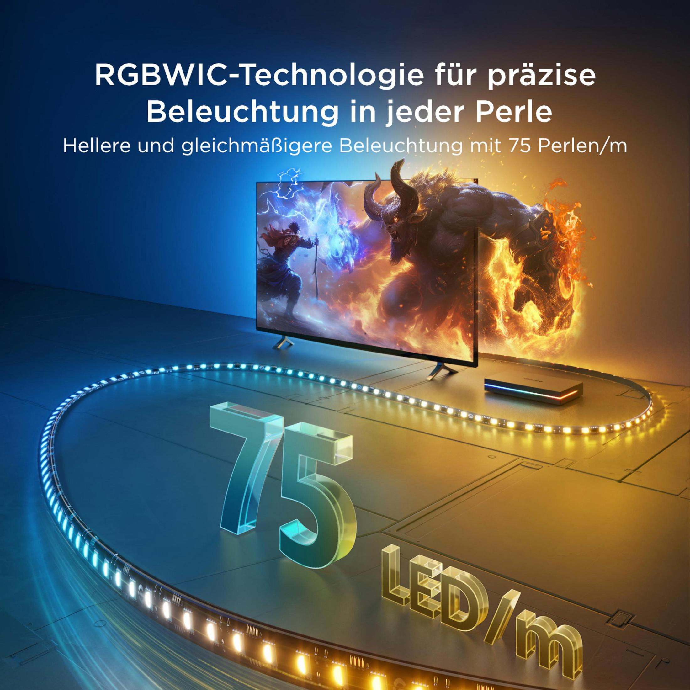 Un televisore mostra un gioco con un demone. Strisce LED accese.