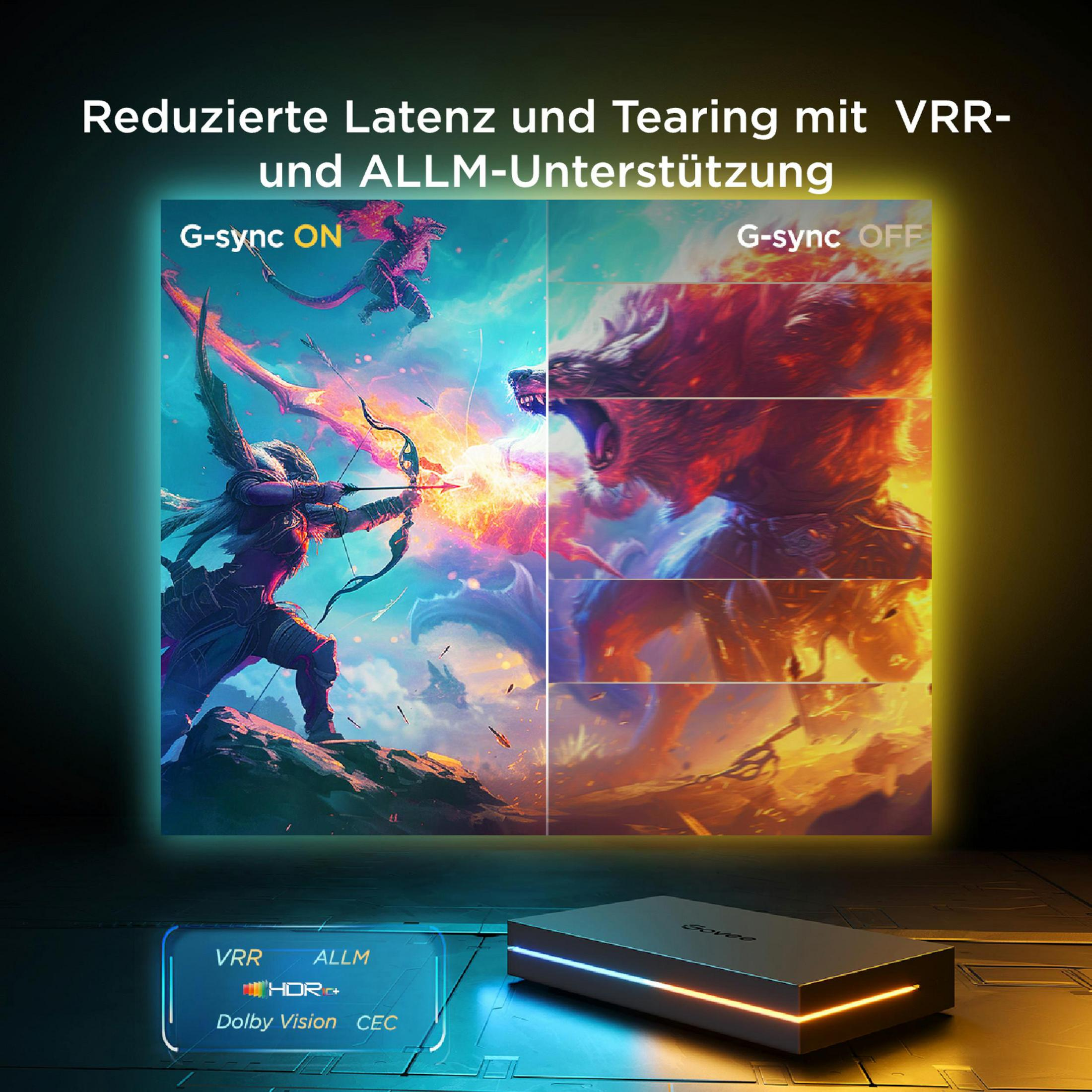 Scena di gioco con arciere e orso. G-sync acceso/spento. VRR, ALLM, HDR, Dolby Vision.