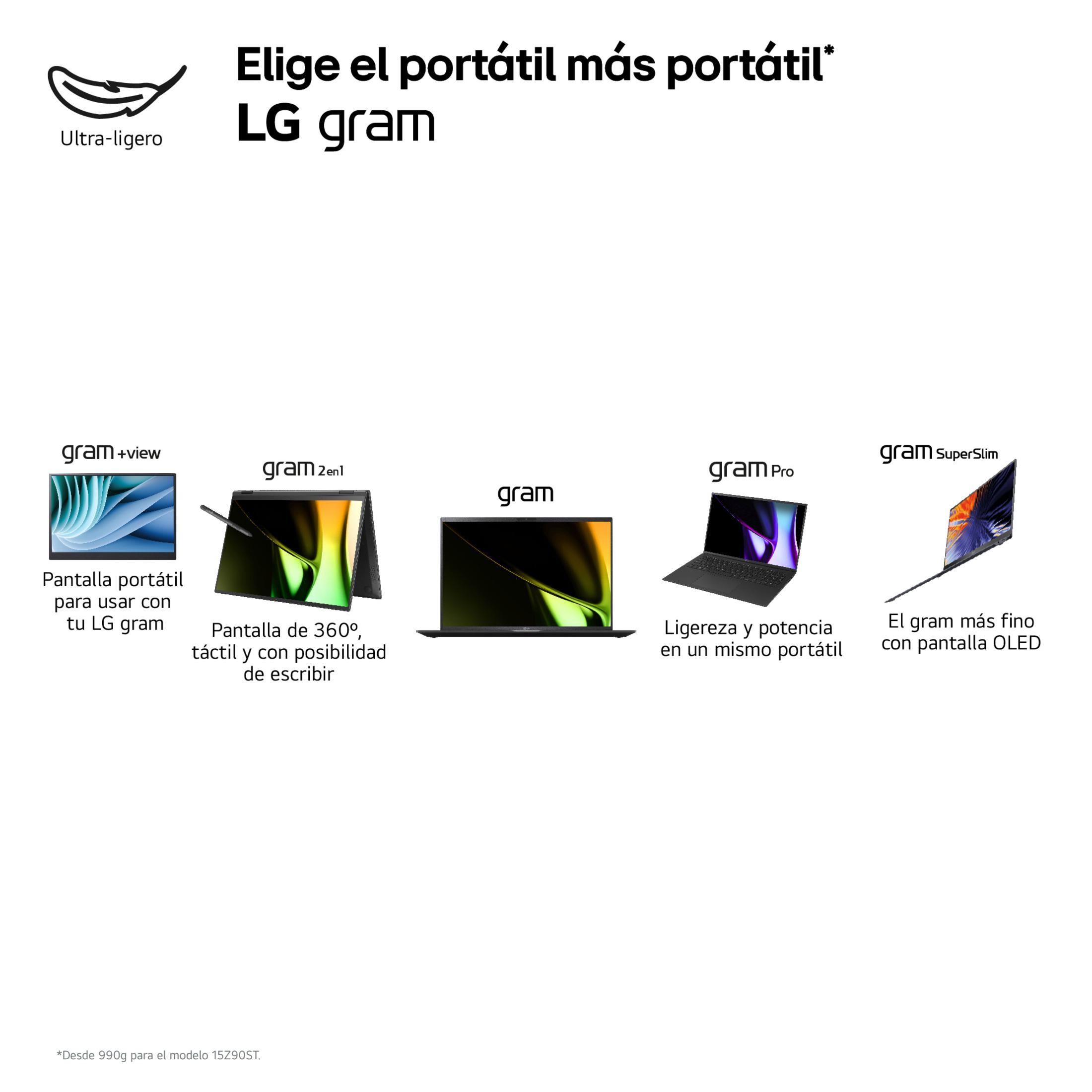 Portátiles LG Gram: Varios modelos como gram+view, gram 2en1, gram Pro, gram SuperSlim.