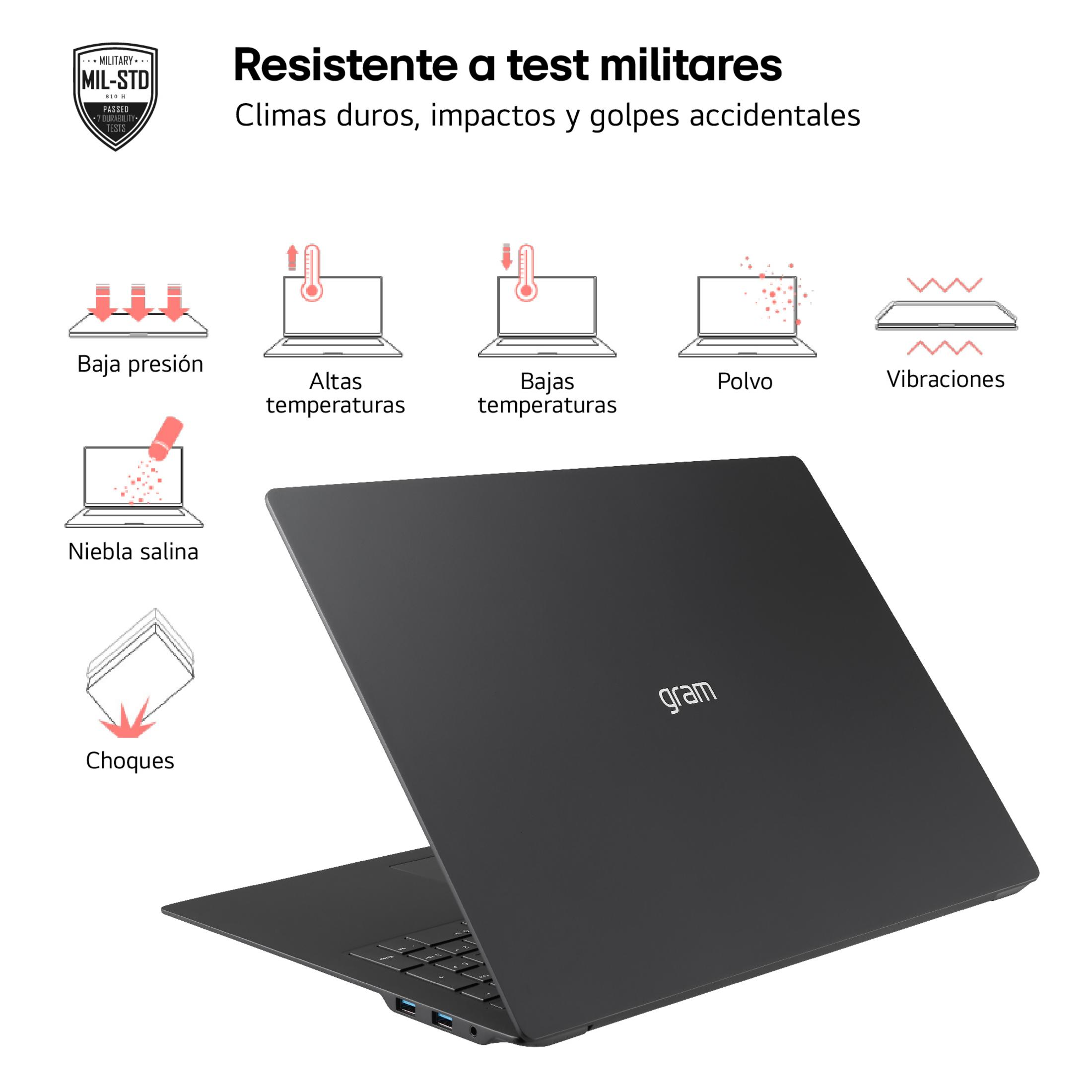 Se muestra un portátil oscuro con iconos de pruebas militares.
